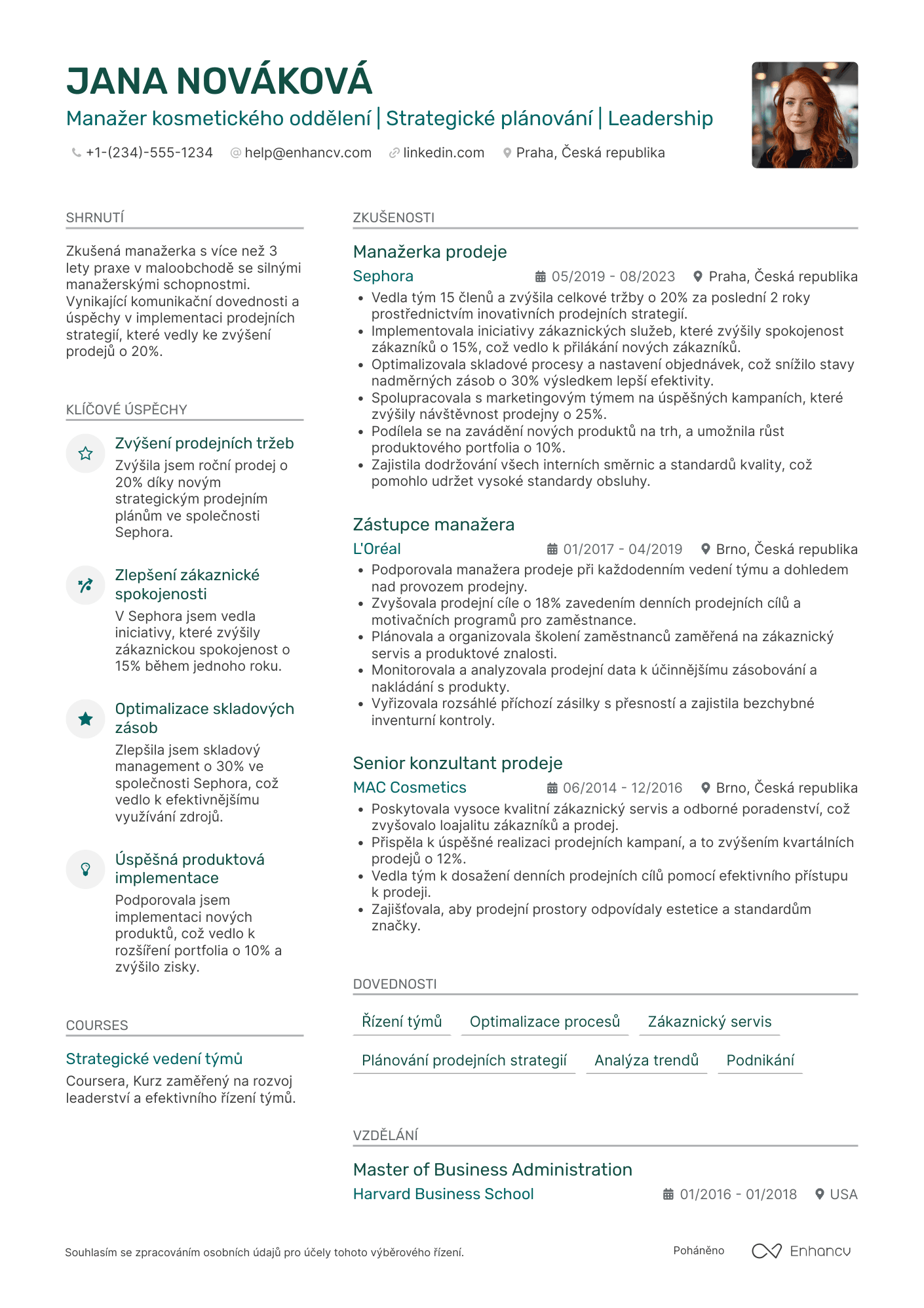 Životopis pro Manažer Kosmetického Oddělení Resume Example