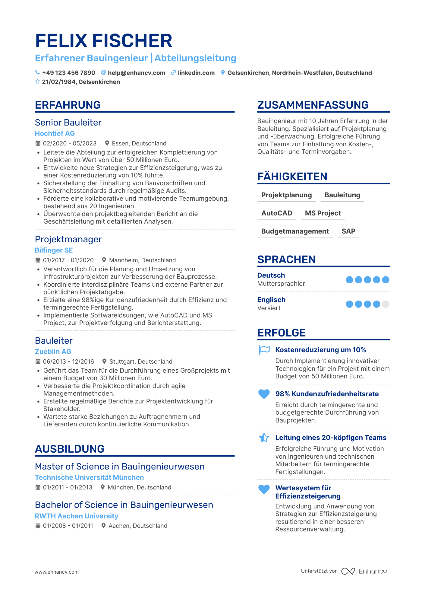 Lebenslauf als Bauingenieur Abteilungsleiter Resume Example