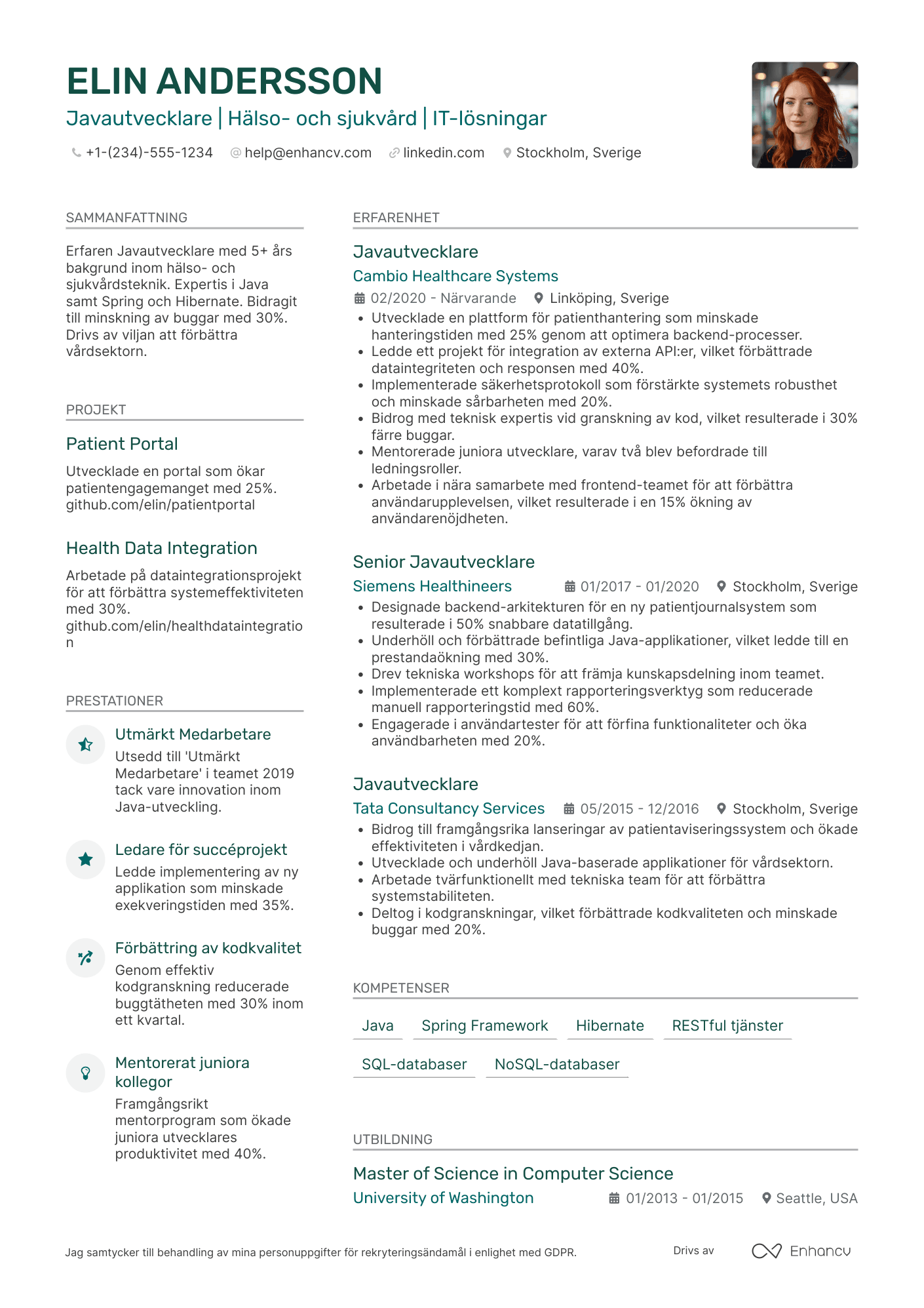 CV för Javautvecklare inom hälso  och sjukvård Resume Example