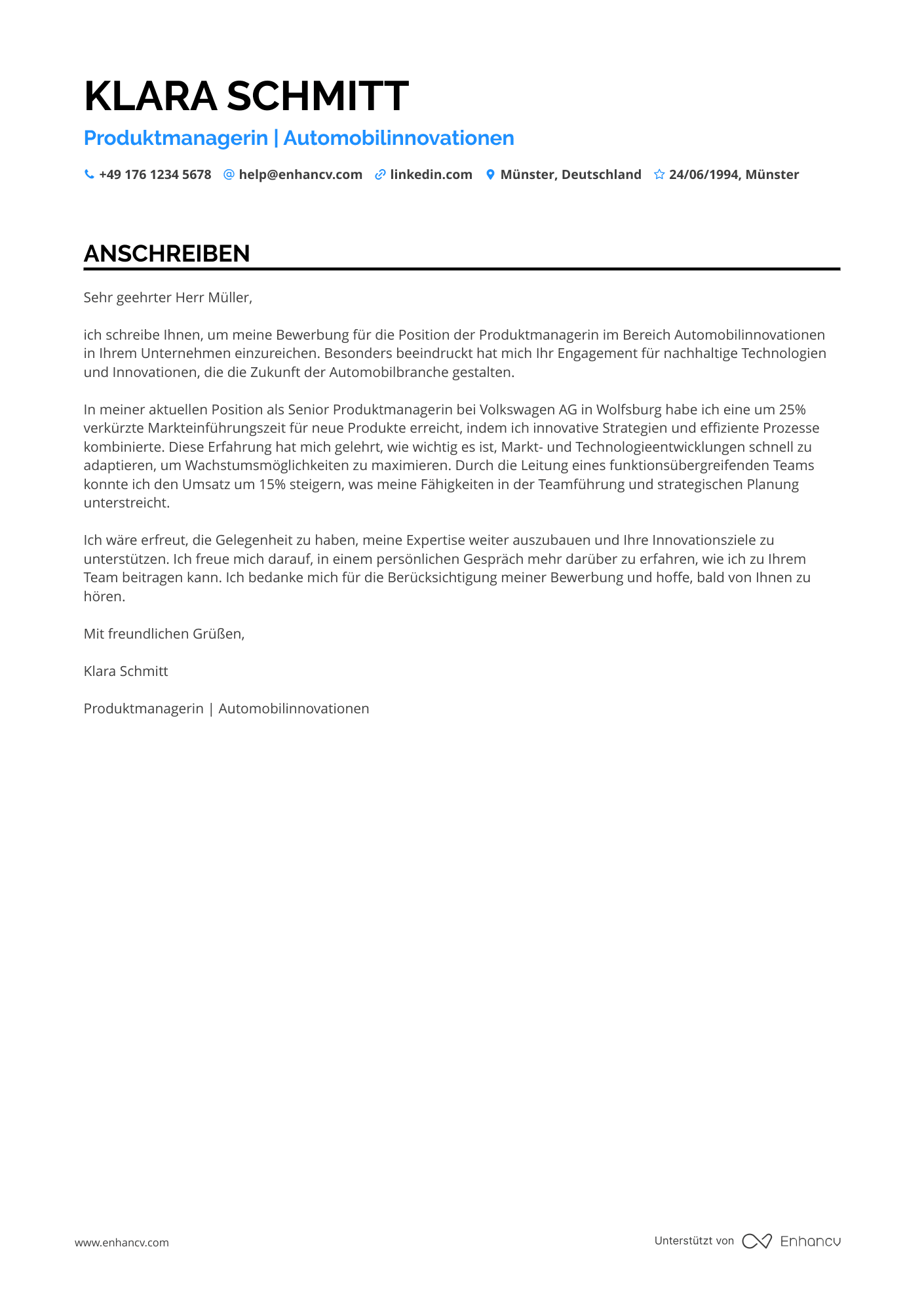 Produktmanager in der Automobilindustrie Resume Example
