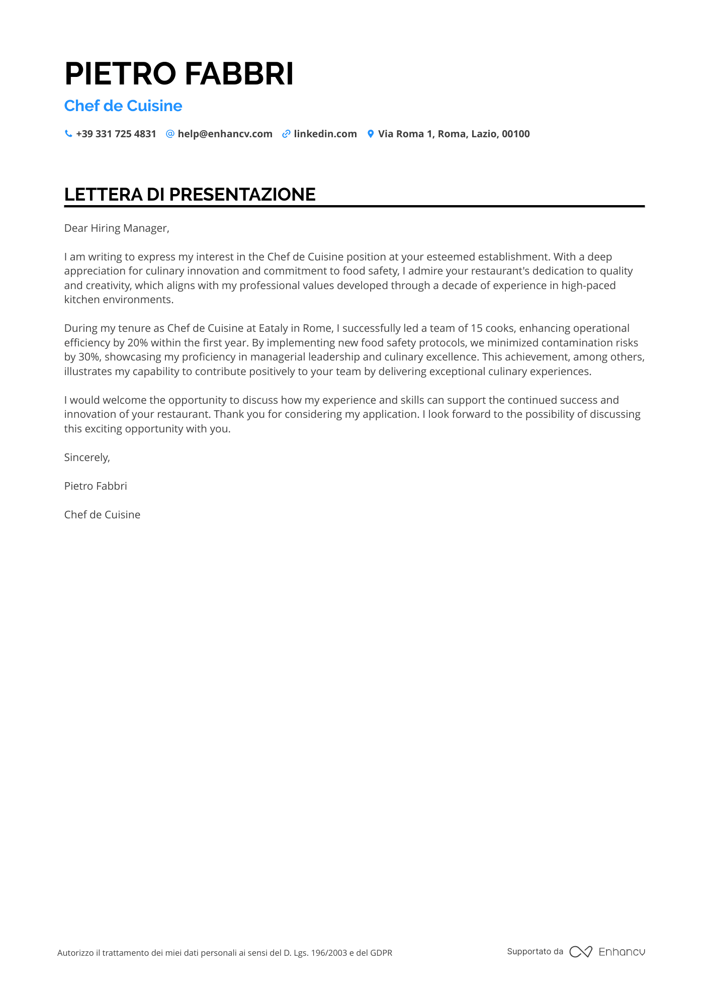Chef di Cucina Fusion Resume Example