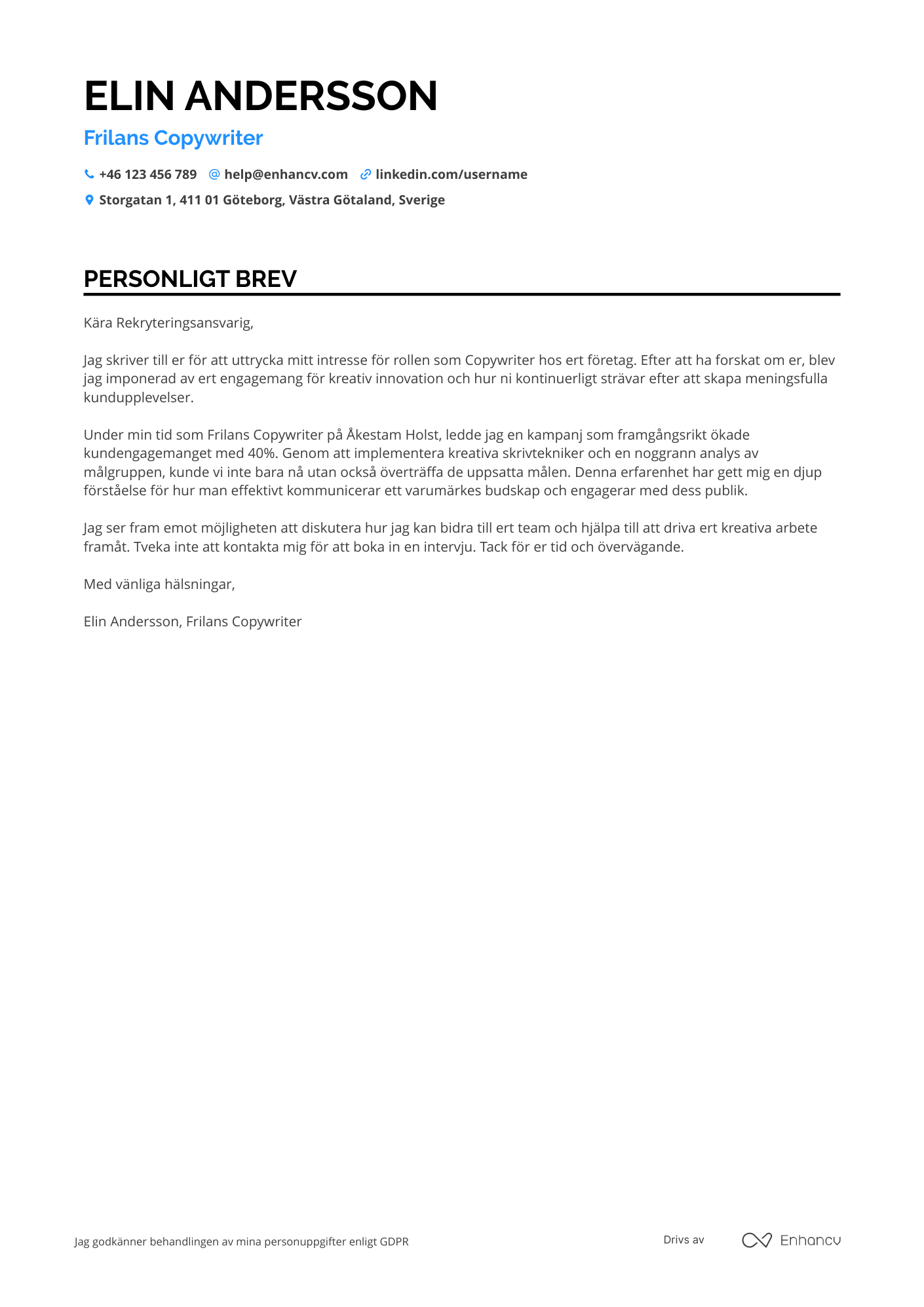 Personligt brev för Frilans Copywriter Resume Example