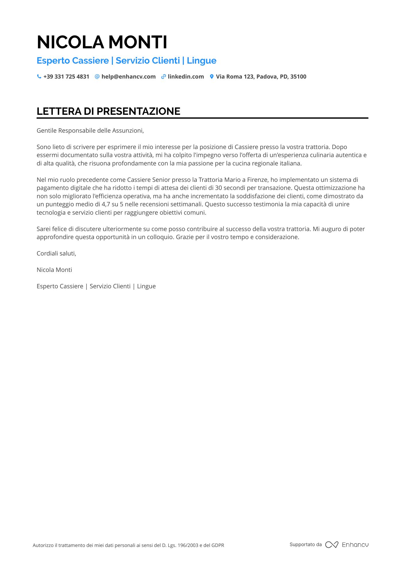 Cassiera di Ristorante Resume Example