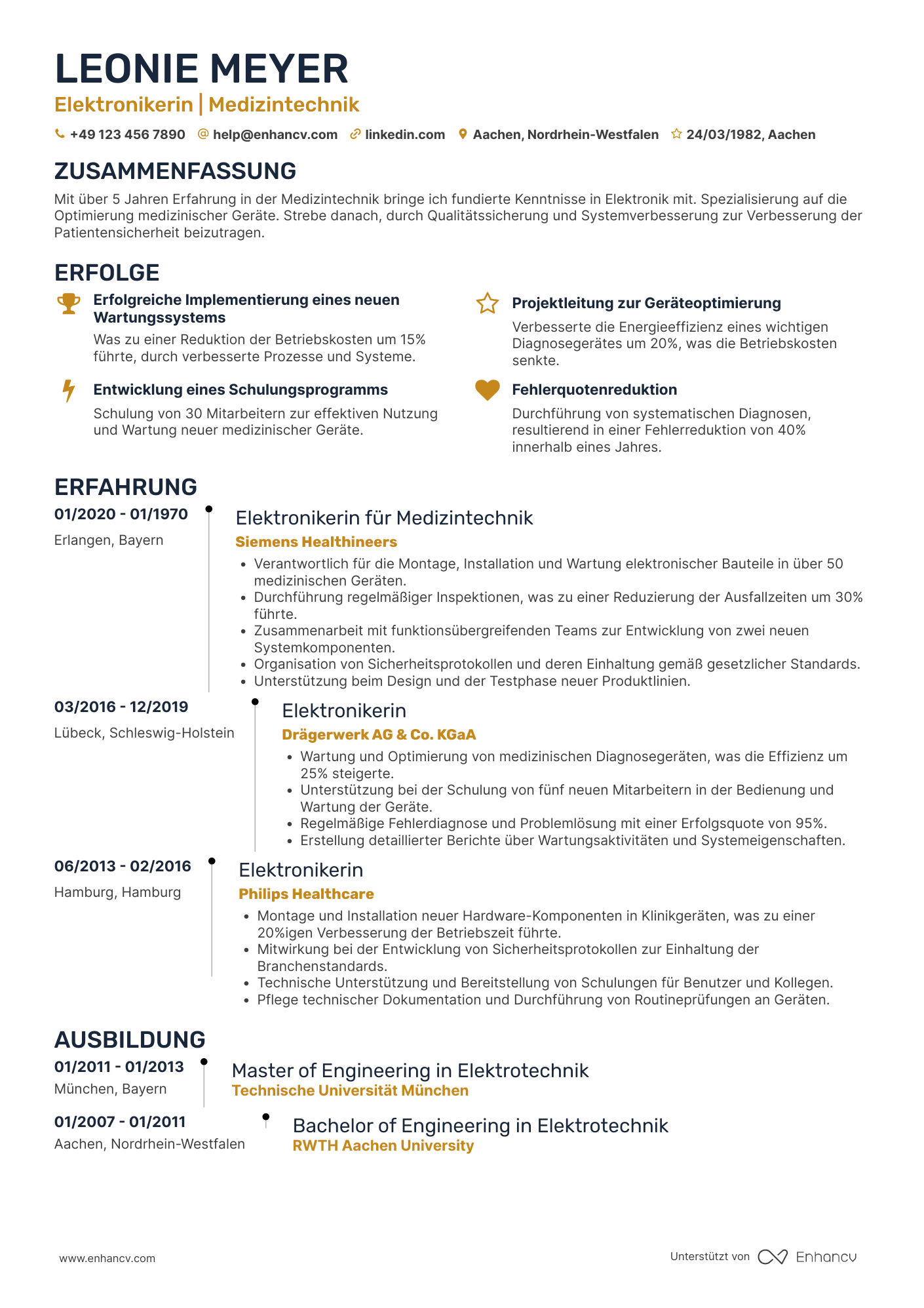 Lebenslauf in Elektroniker in der Medizintechnikindustrie Resume Example