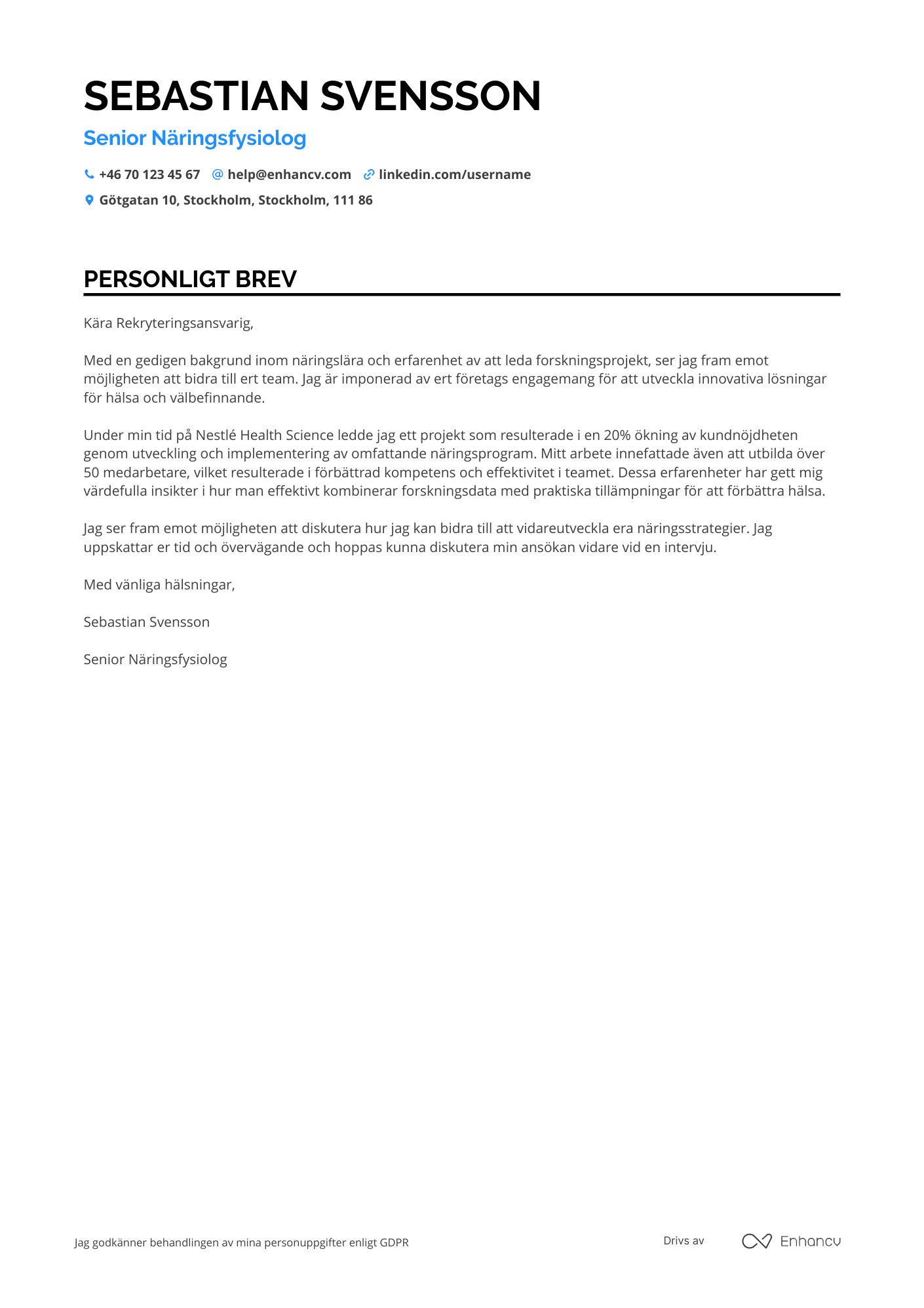 Personligt brev för Senior Näringsfysiolog Resume Example