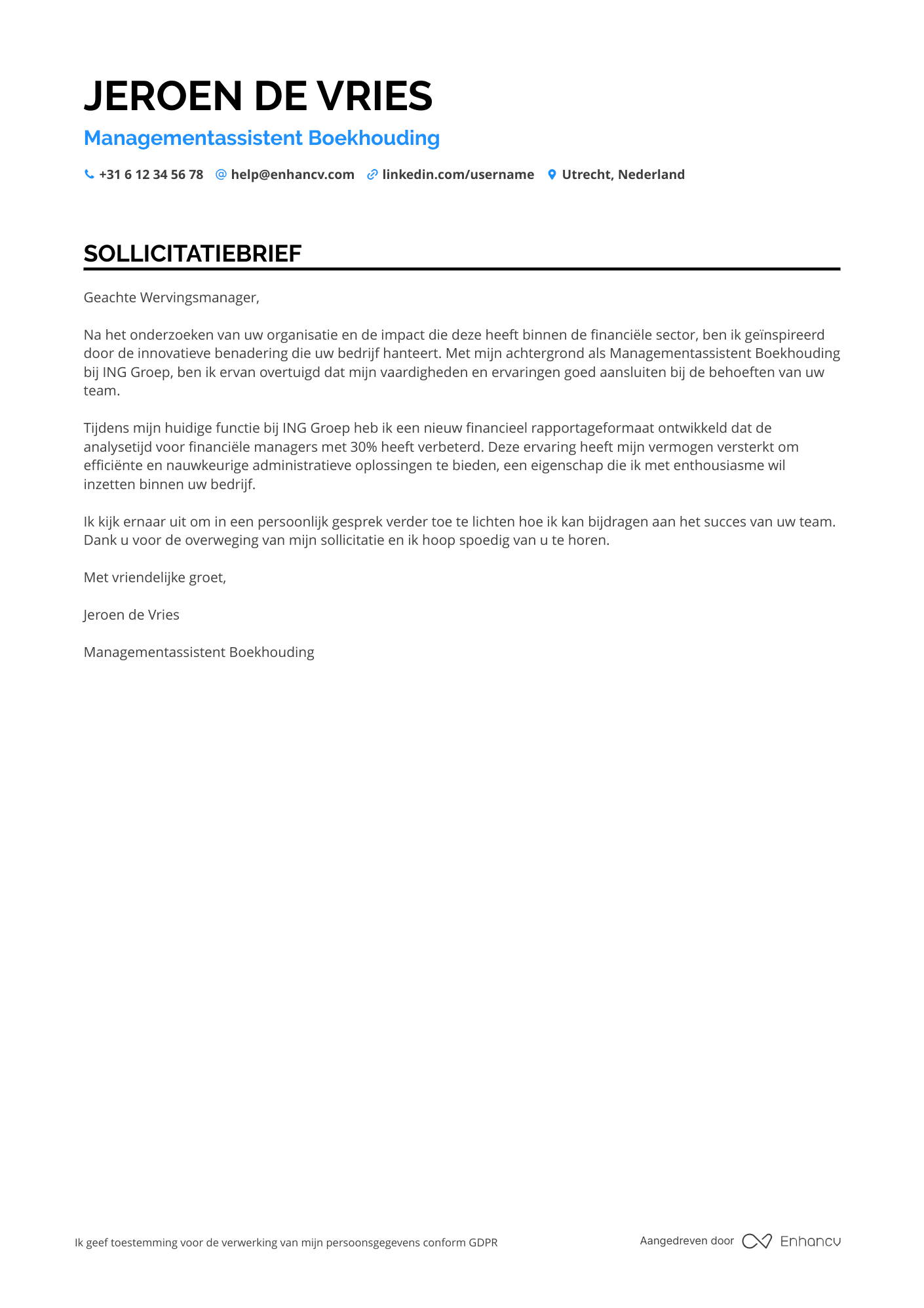 Sollicitatiebrief voor Managementassistent Boekhouding Resume Example