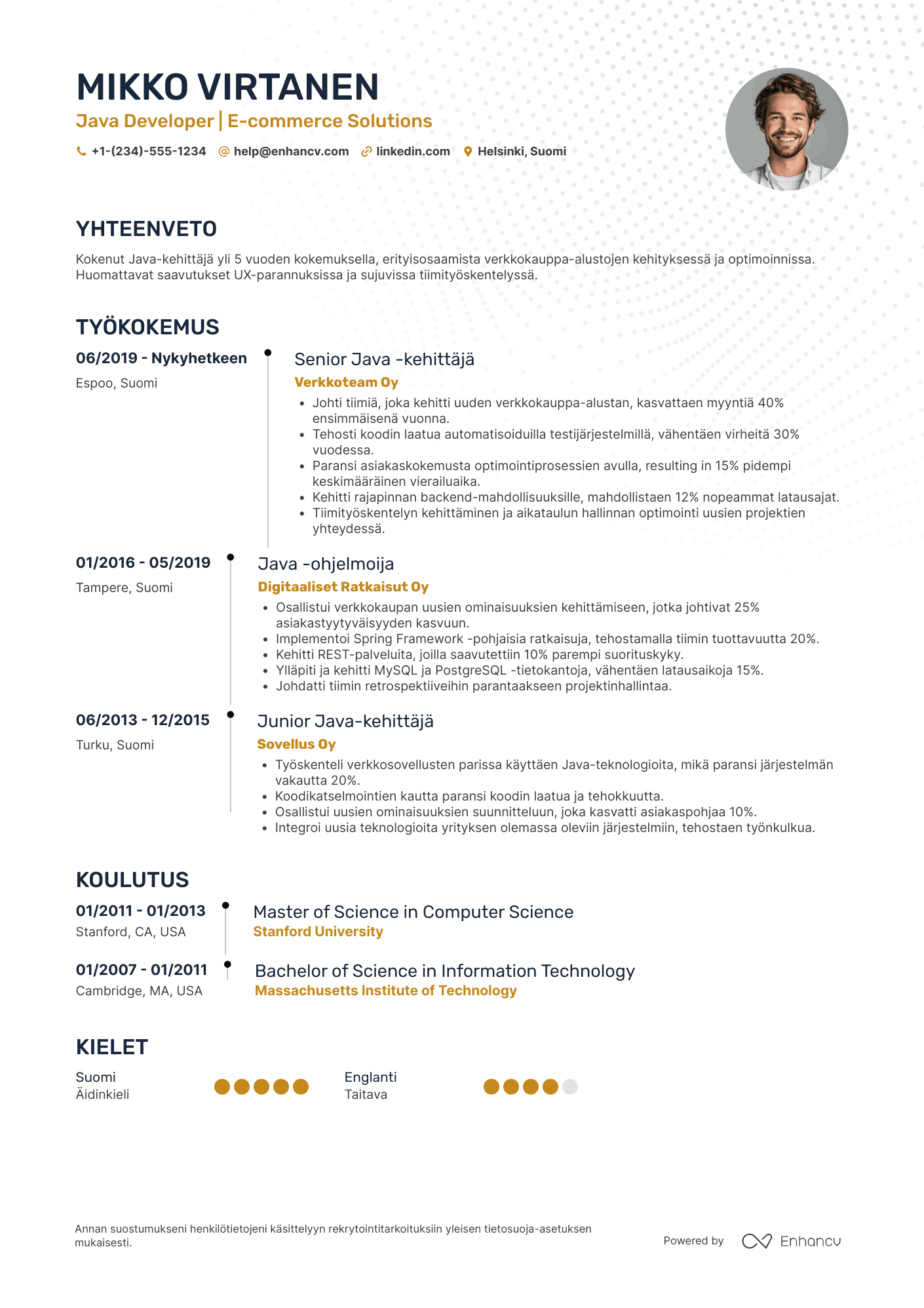 Ansioluettelo Java kehittäjä verkkokaupparatkaisuihin Resume Example