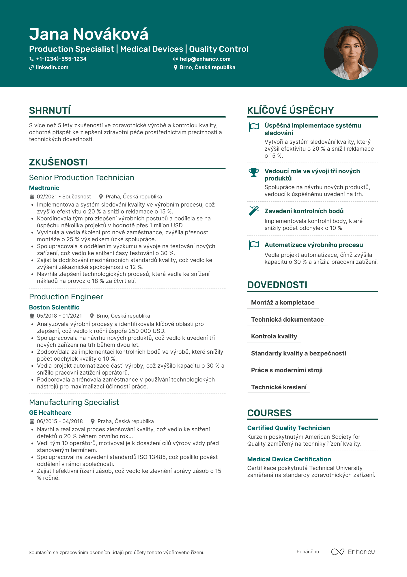 Životopis pro Dělník výroby lékařských zařízení Resume Example