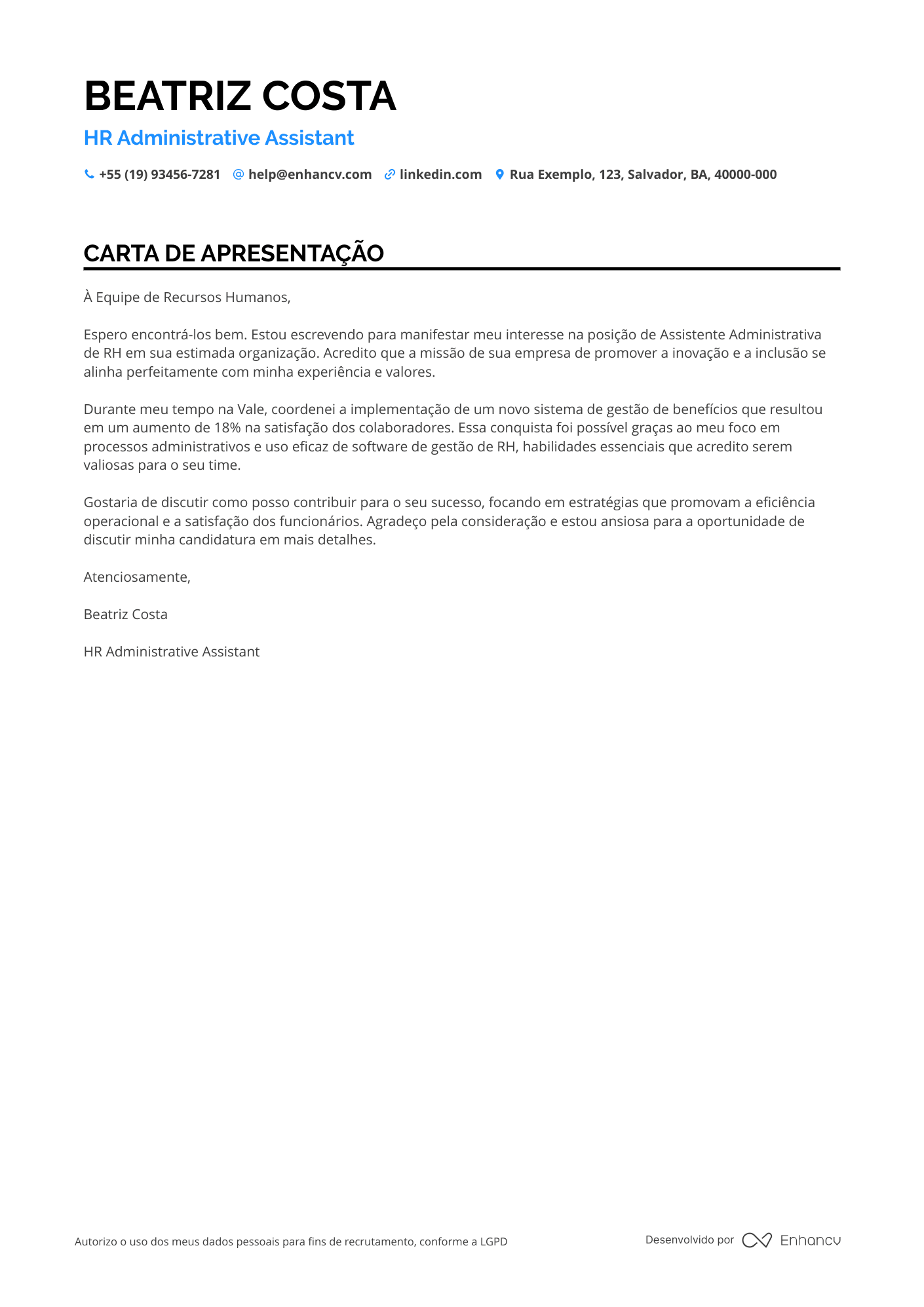 Auxiliar Administrativo de Recursos Humanos Resume Example