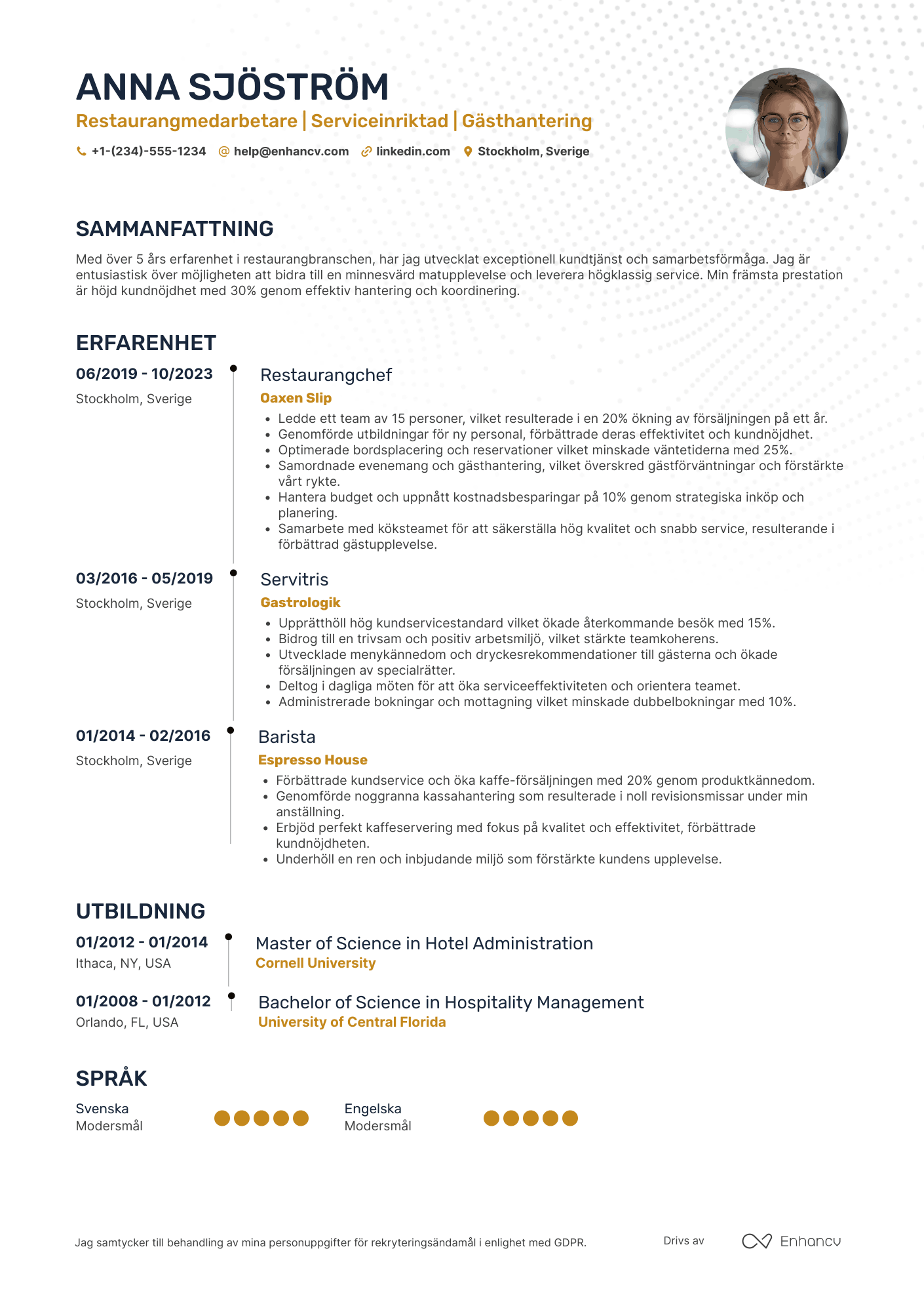 CV för Värd Restaurangmedarbetare Resume Example