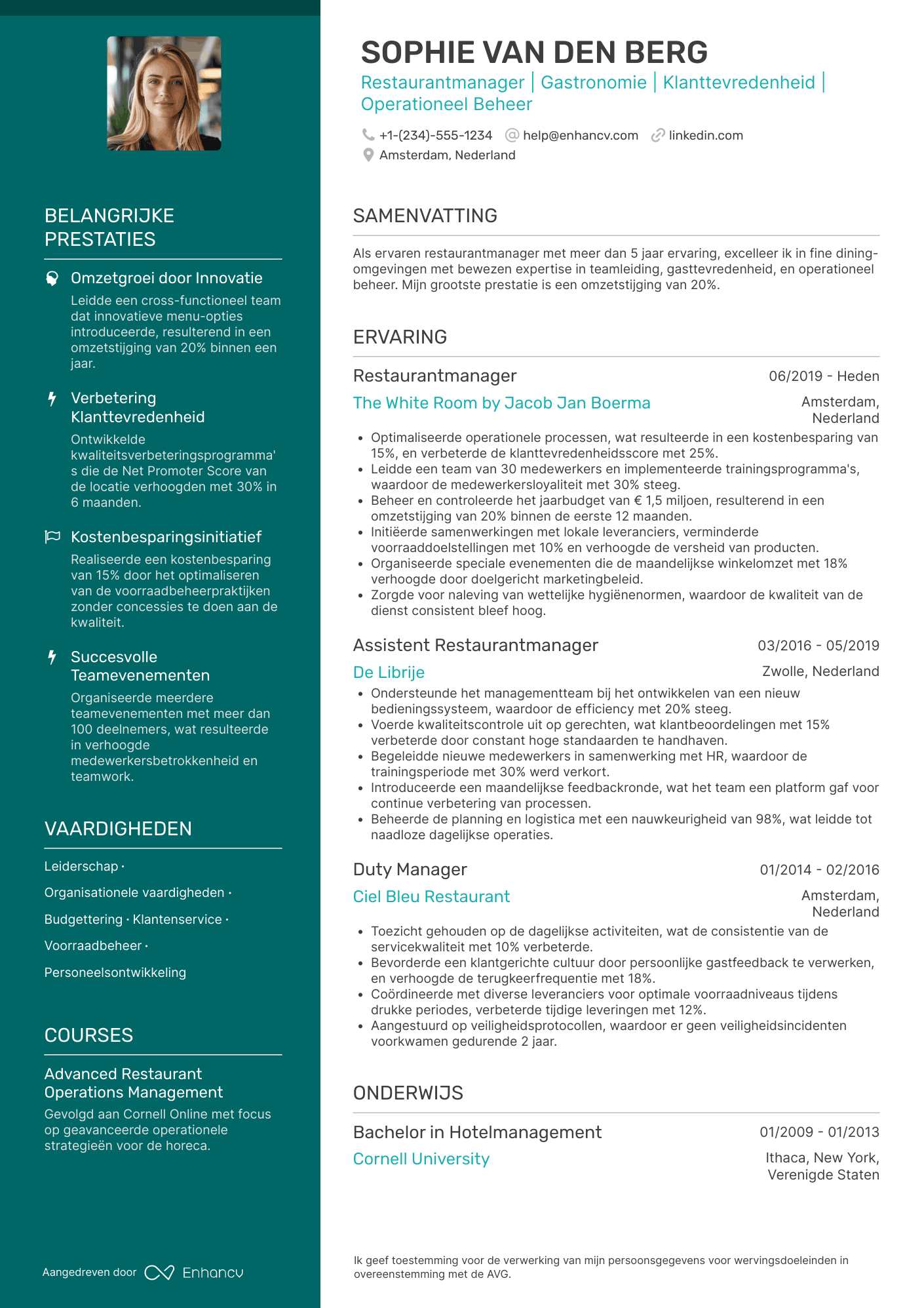 CV voor Restaurant Manager in Fine Dining Resume Example