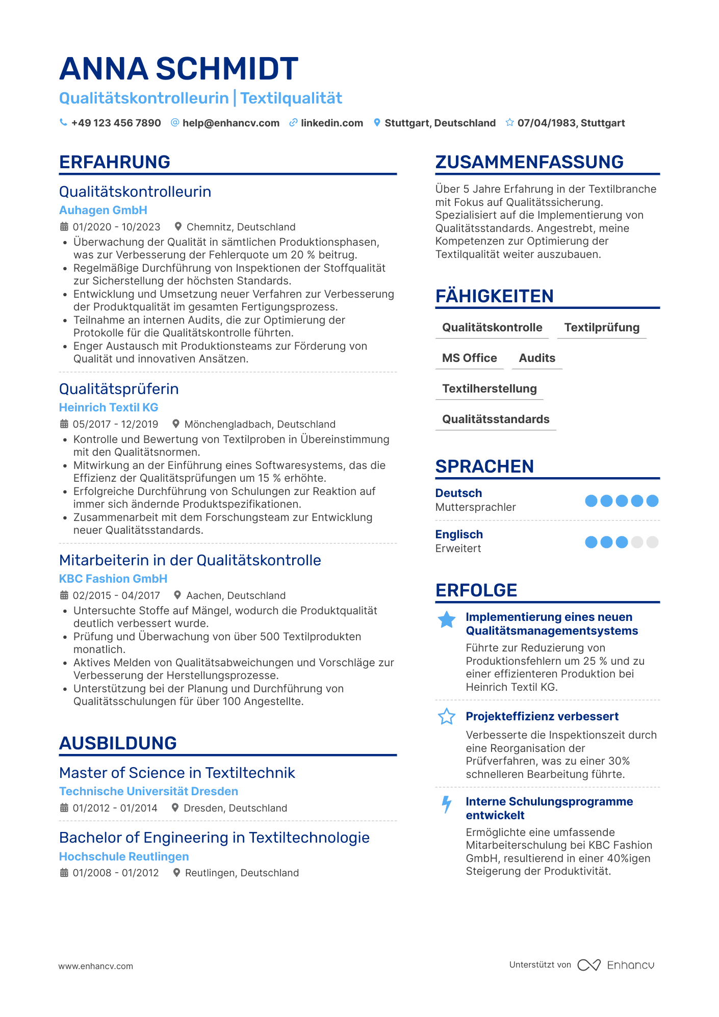 Lebenslauf in Qualitätskontrolleur in der Textilindustrie Resume Example