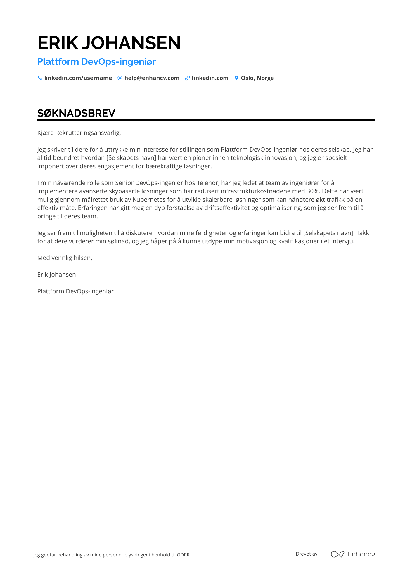 Søknadsbrev for Plattform DevOps ingeniør Resume Example