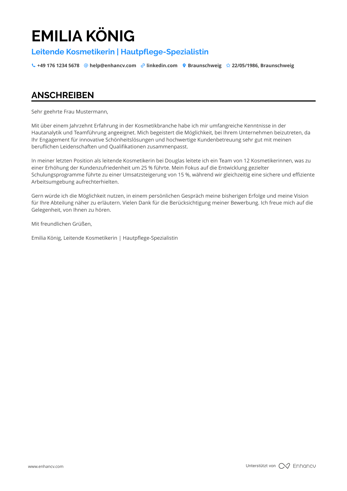 Leitende Kosmetikerin Resume Example