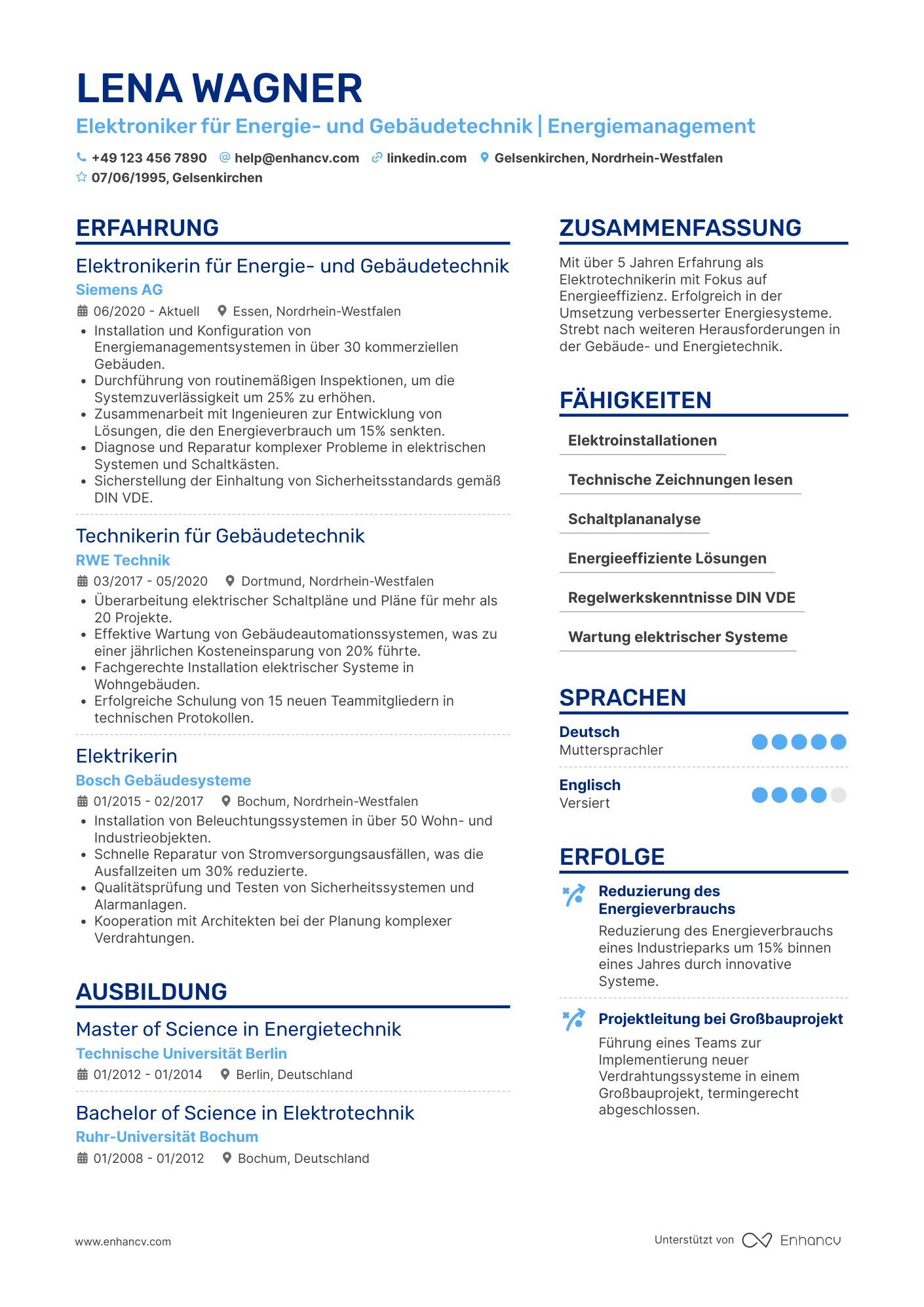 Lebenslauf als Elektroniker für Energie  und Gebäudetechnik Resume Example