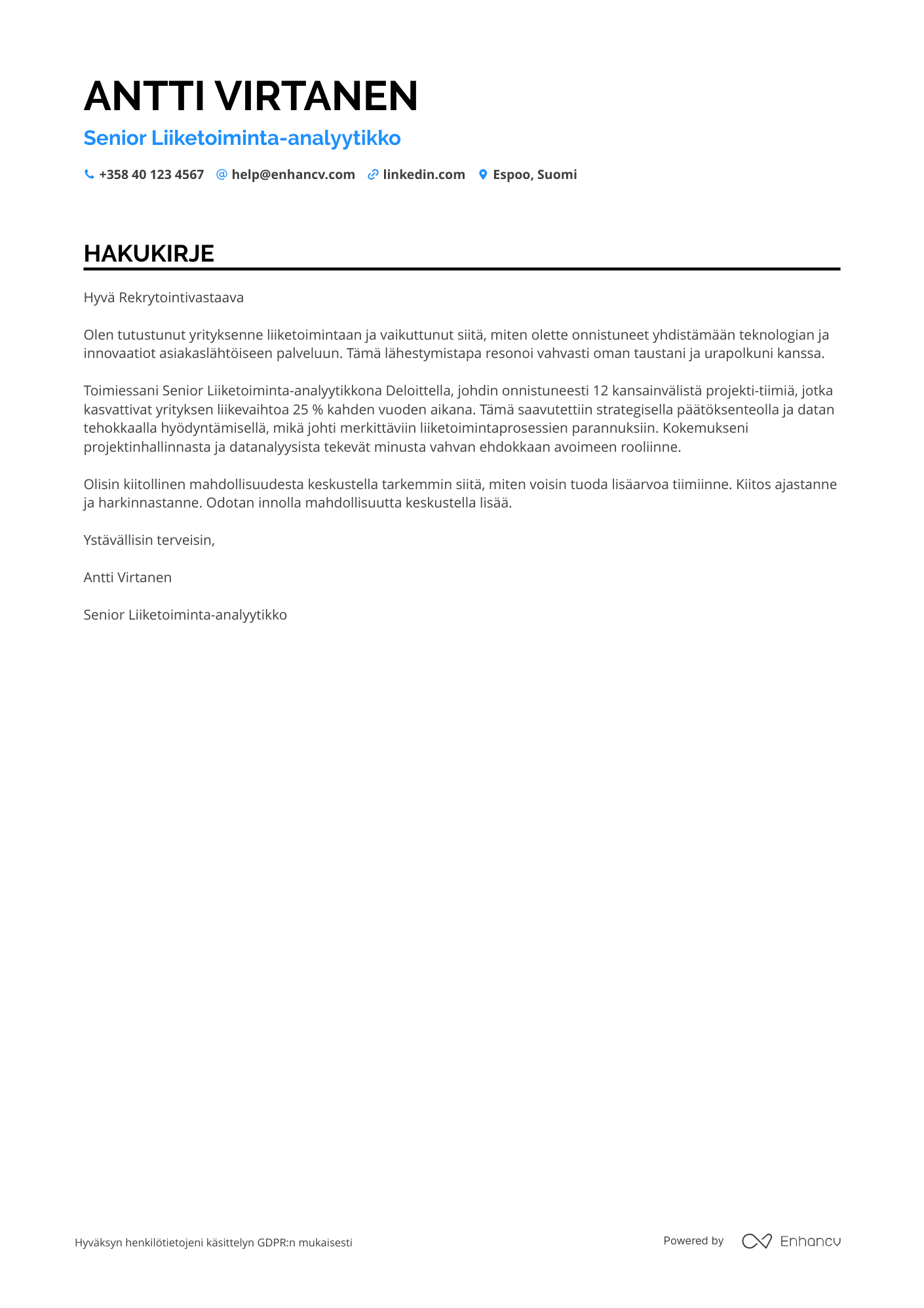 Hakukirje Senior Liiketoiminta analyytikko Resume Example