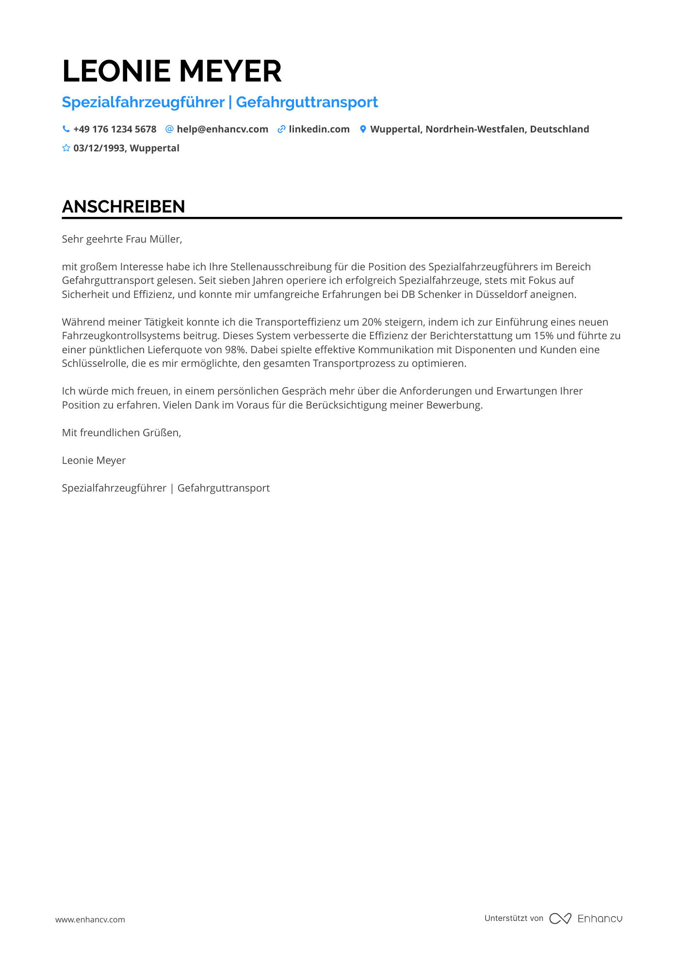 Fahrer mit Spezialausbildung Resume Example