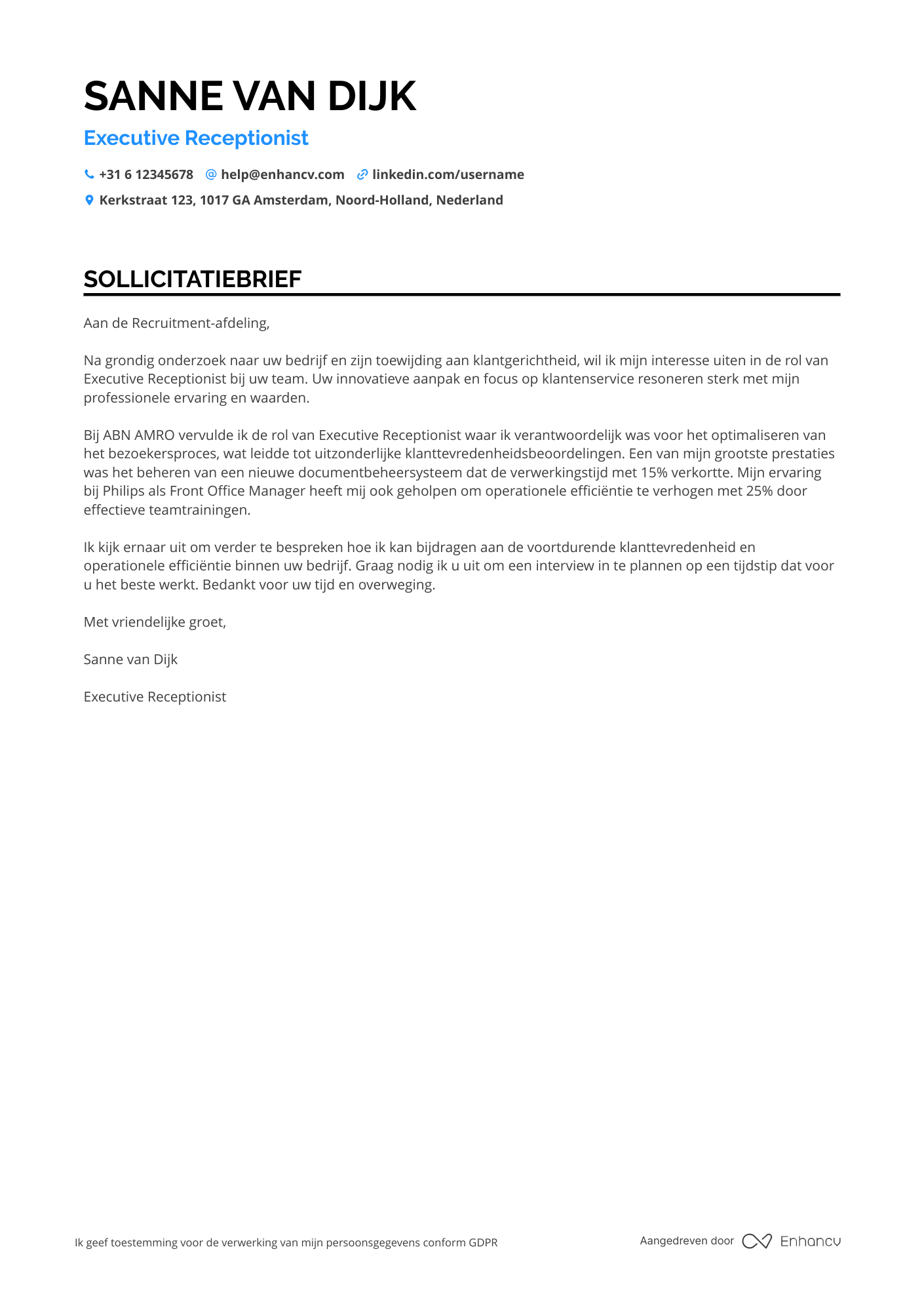Sollicitatiebrief voor Executive Receptionist Resume Example