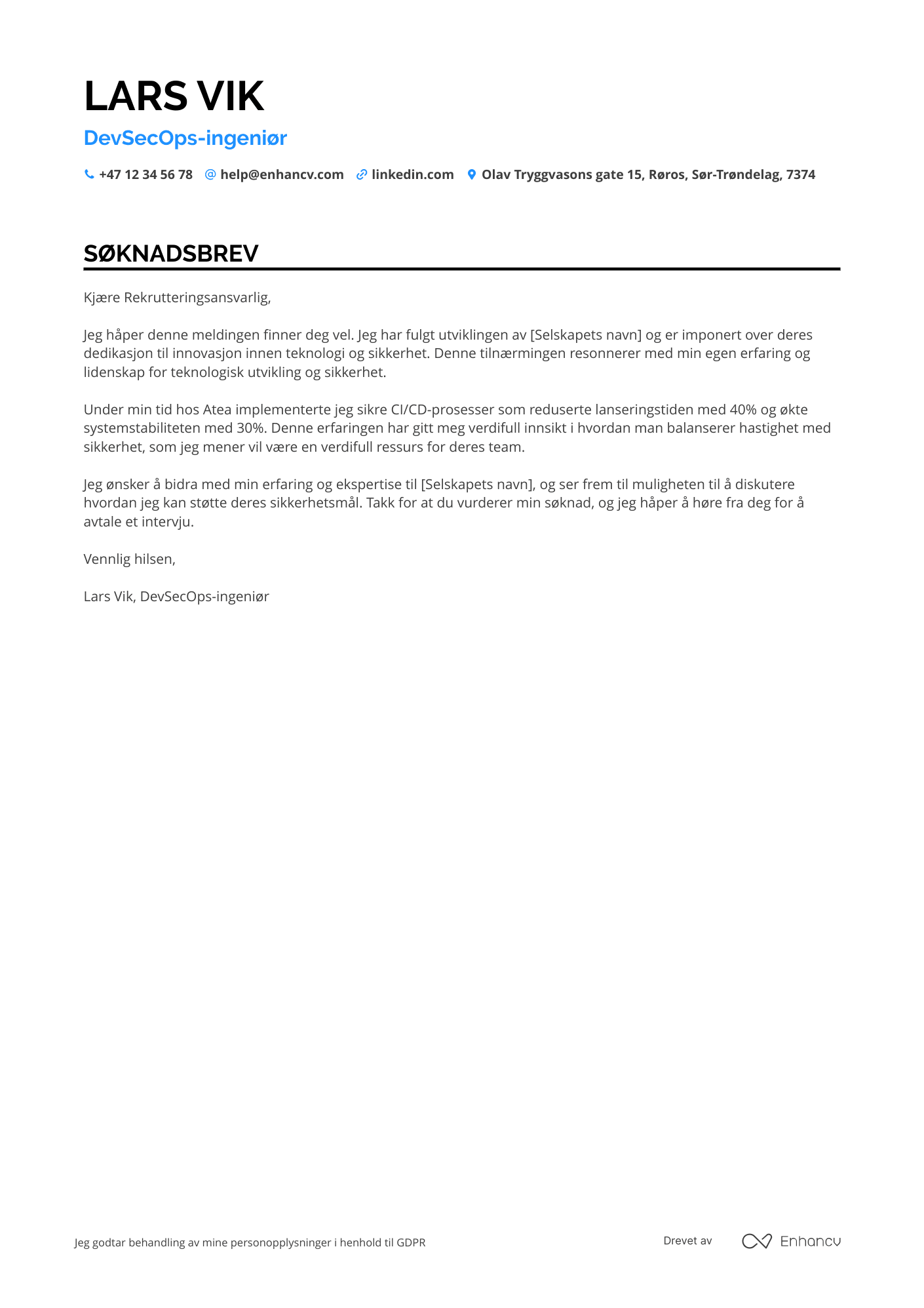 Søknadsbrev for DevSecOps ingeniør Resume Example