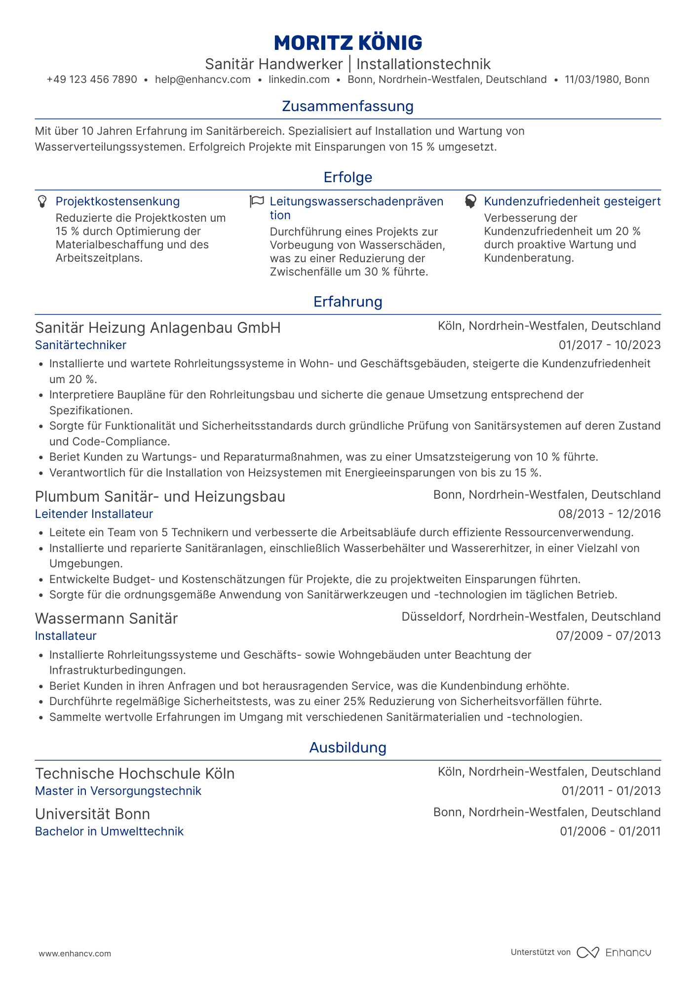 Lebenslauf als Sanitär Handwerker Resume Example