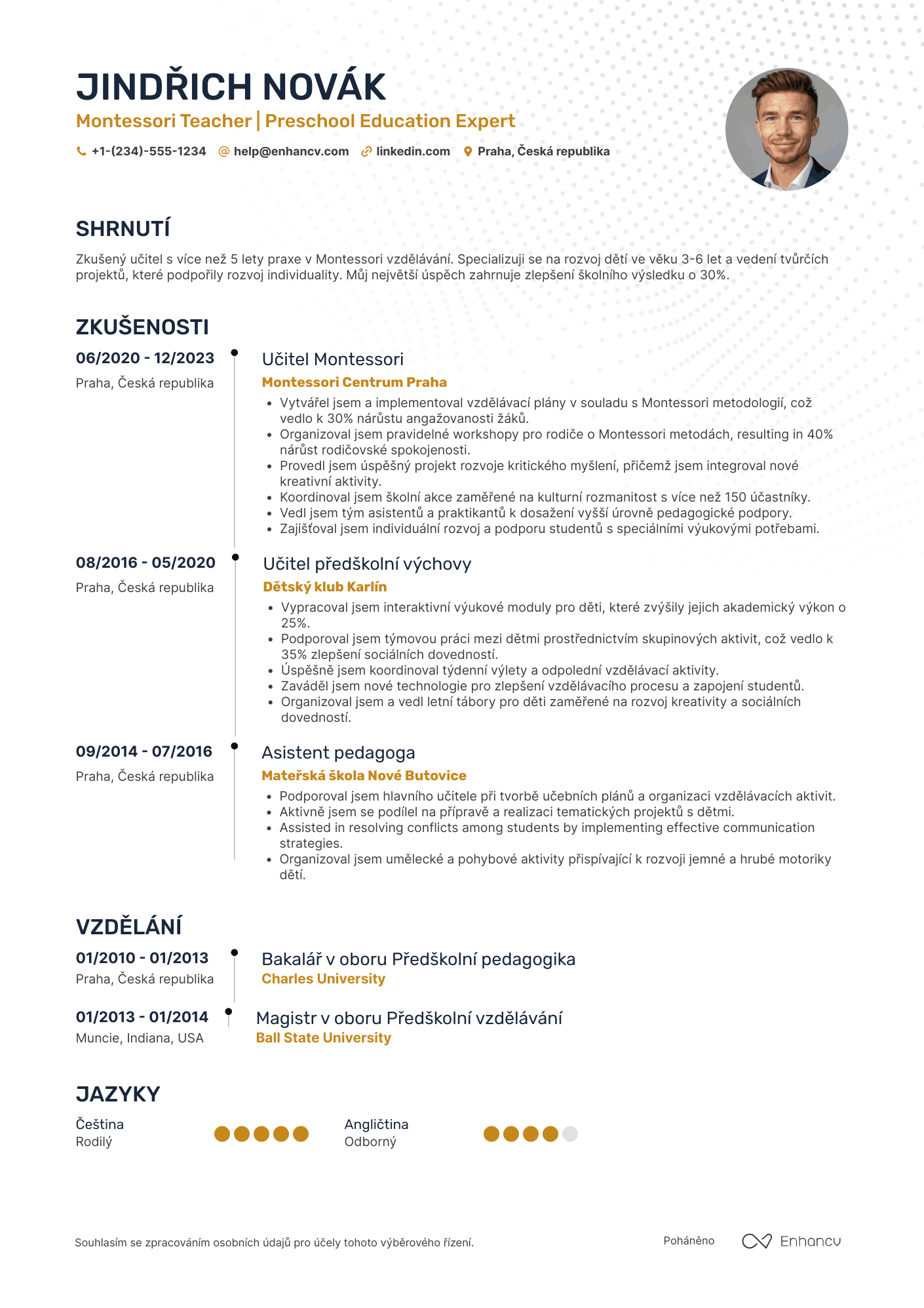 Životopis pro Učitelka mateřské školy s Montessori certifikací Resume Example