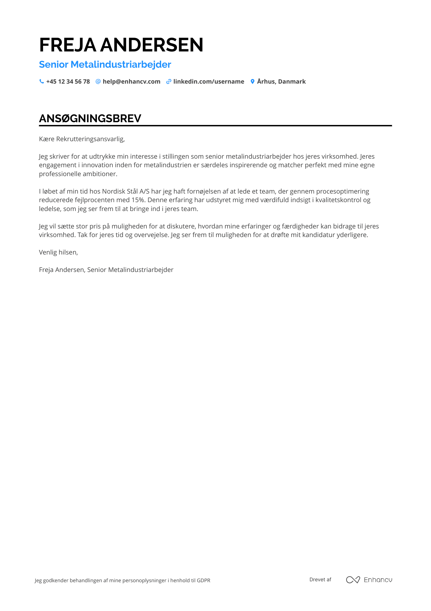Ansøgningsbrev til Metalindustriarbejder Resume Example