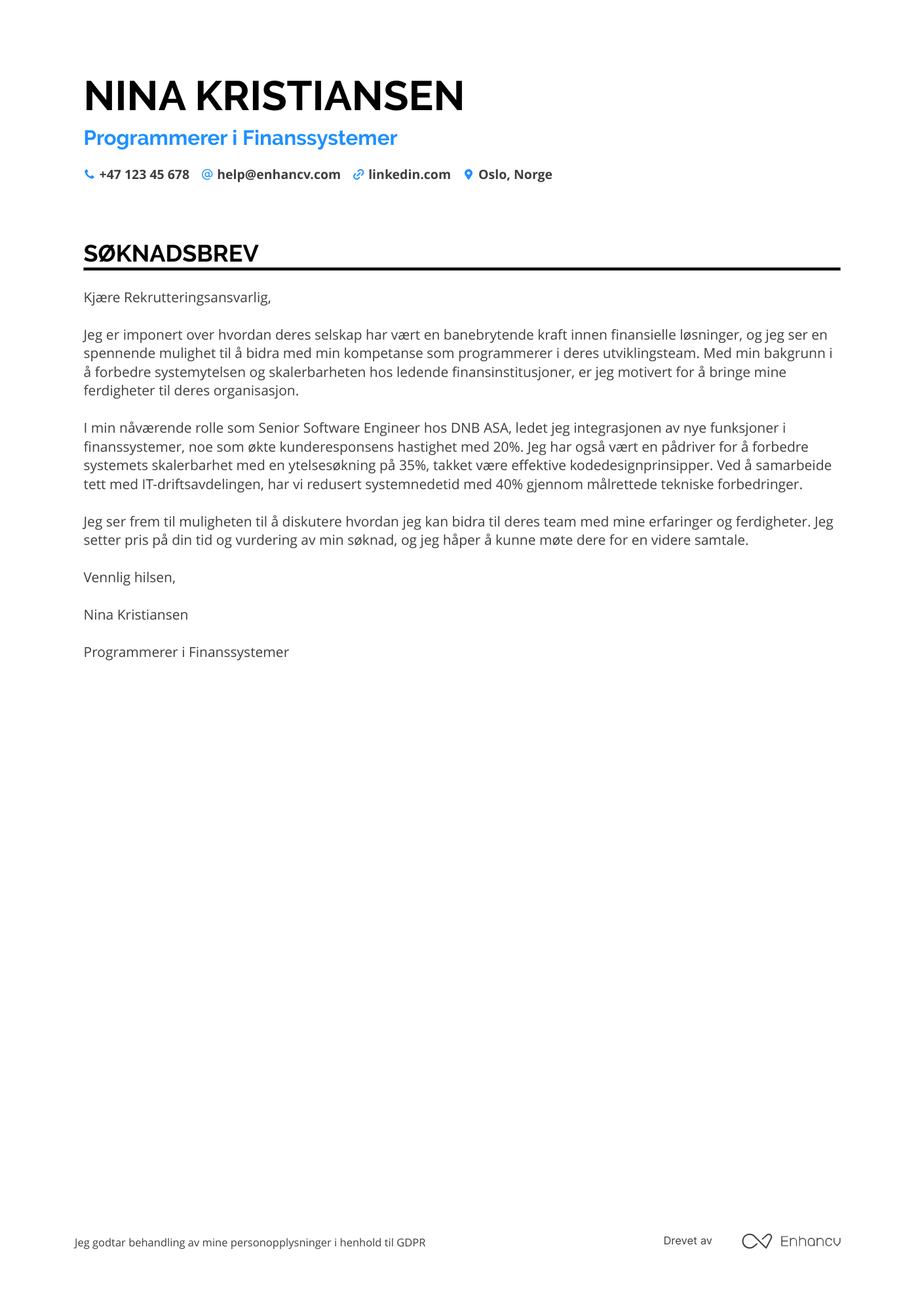 Søknadsbrev for Programmerer i finanssystemer Resume Example