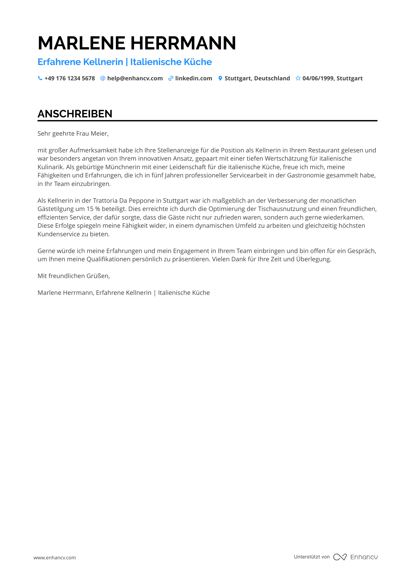 Kellner für Pizzeria Resume Example