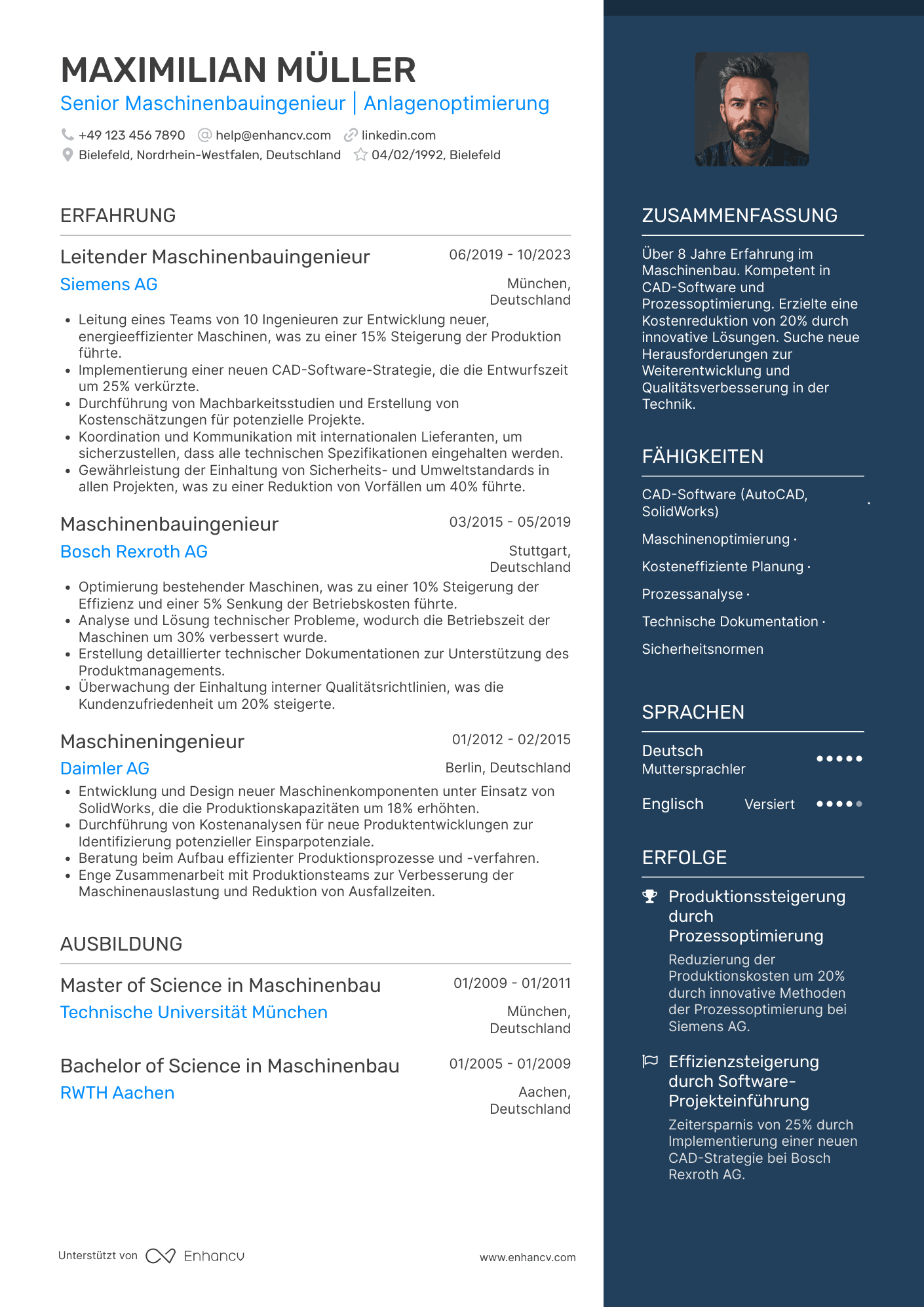 Lebenslauf als Erfahrener Maschinenbauingenieur Resume Example