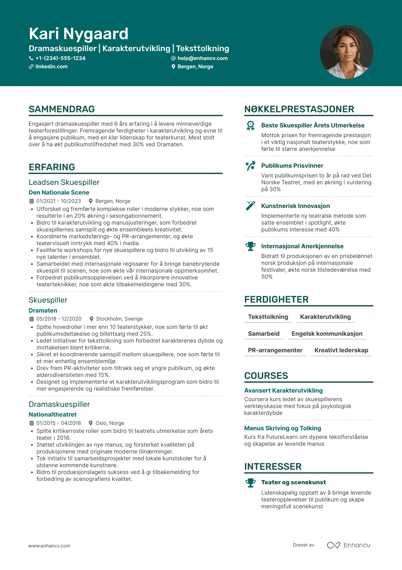 CV for Dramaskuespiller Resume Example