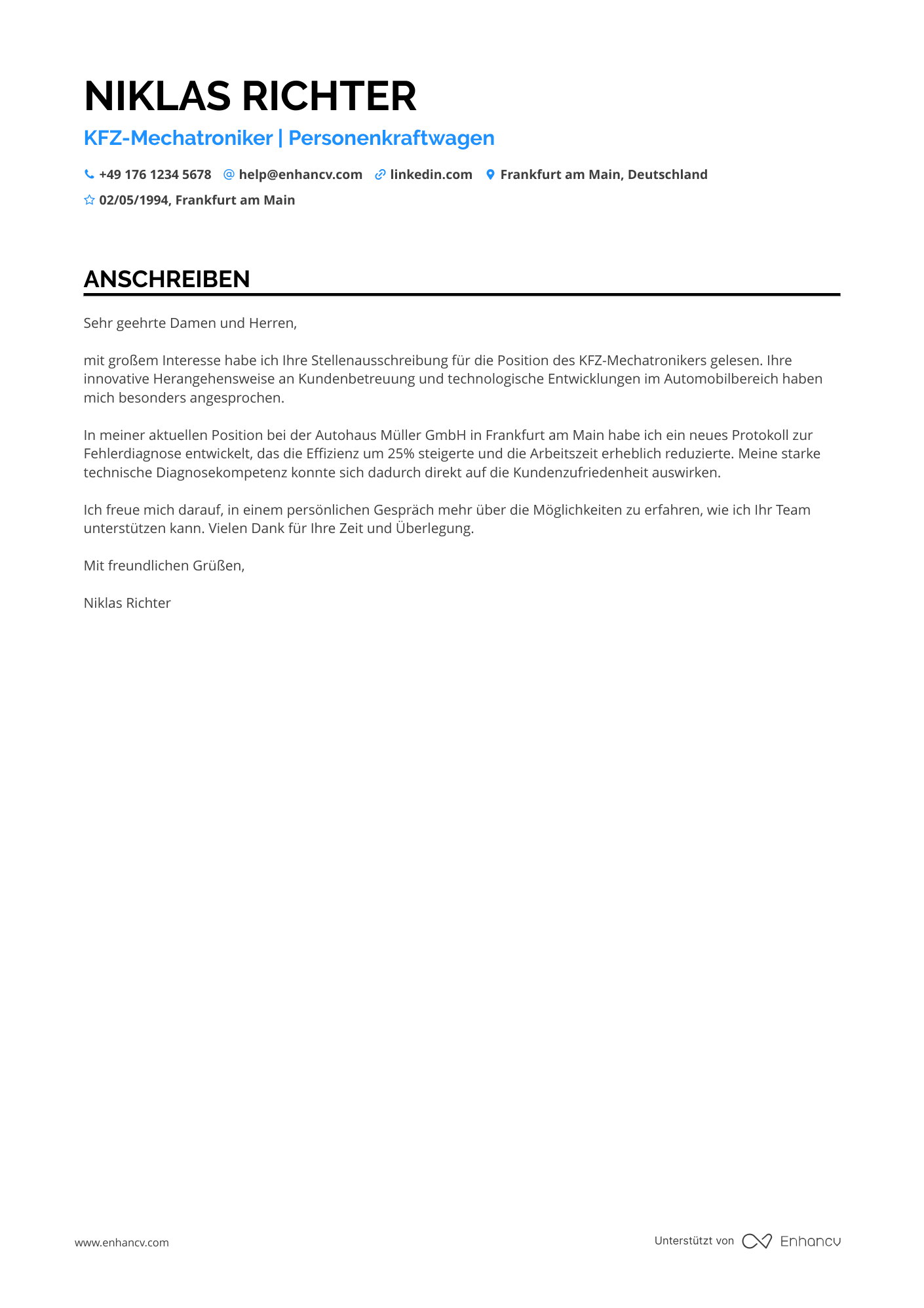 KFZ Mechatroniker für Personenkraftwagen Resume Example