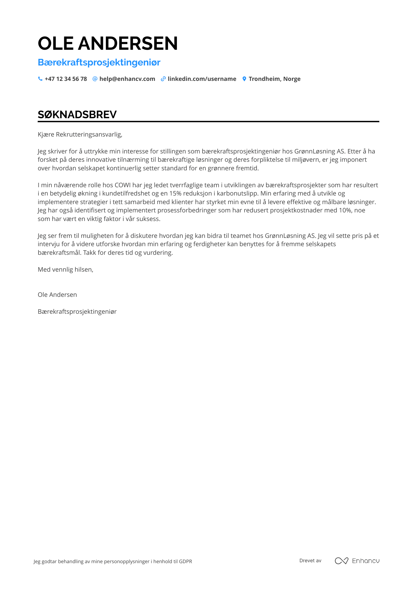 Søknadsbrev for Bærekraftsprosjektingeniør Rådgiver Resume Example