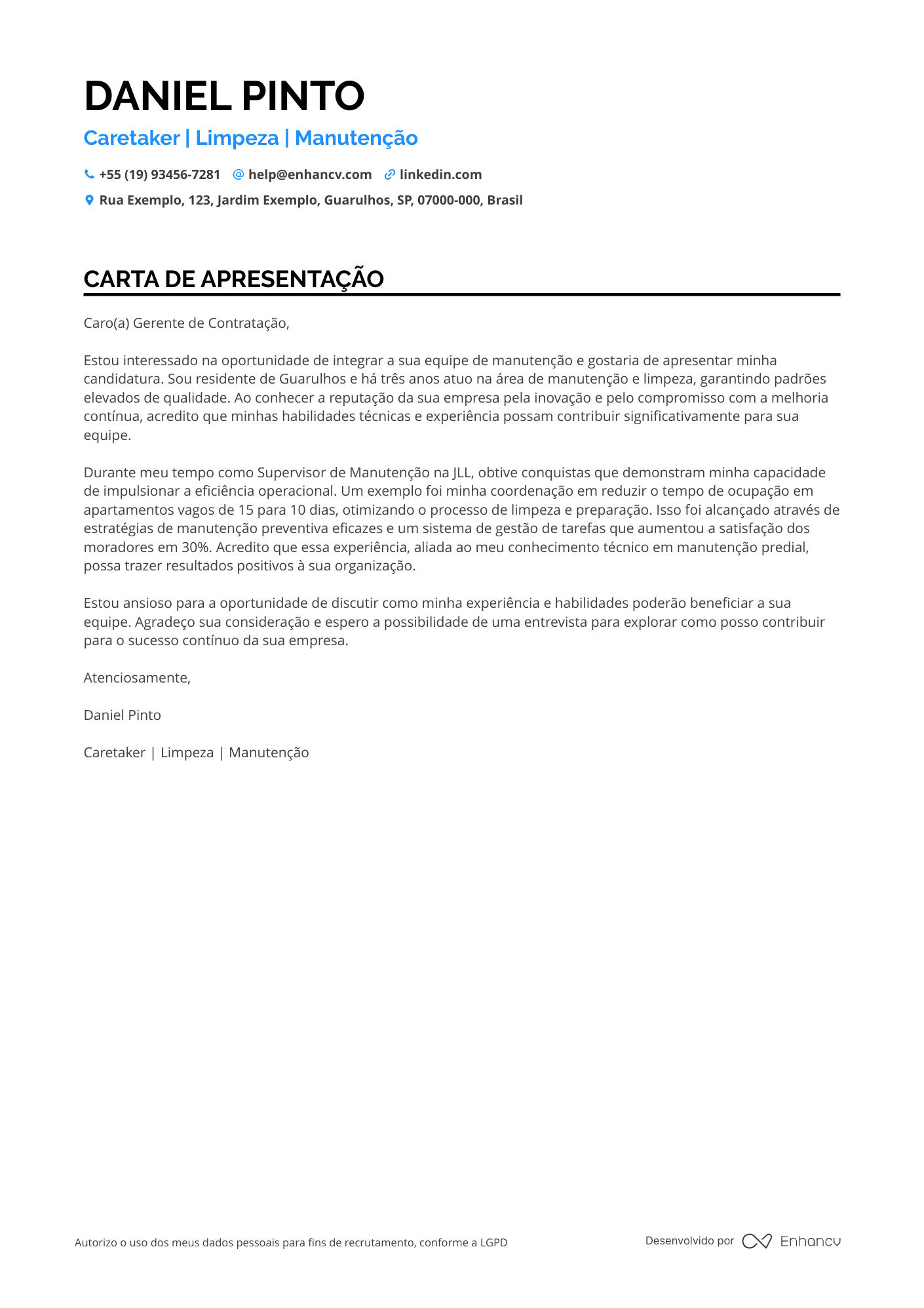 Zelador de Hotéis Resume Example