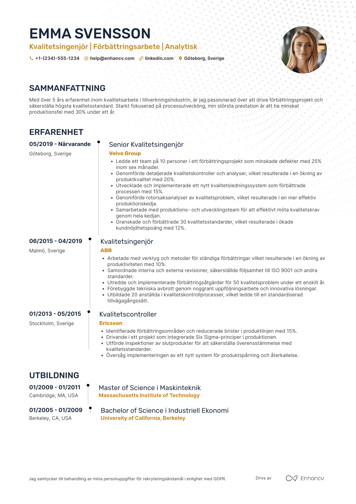 CV för Kvalitetsingenjör Resume Example