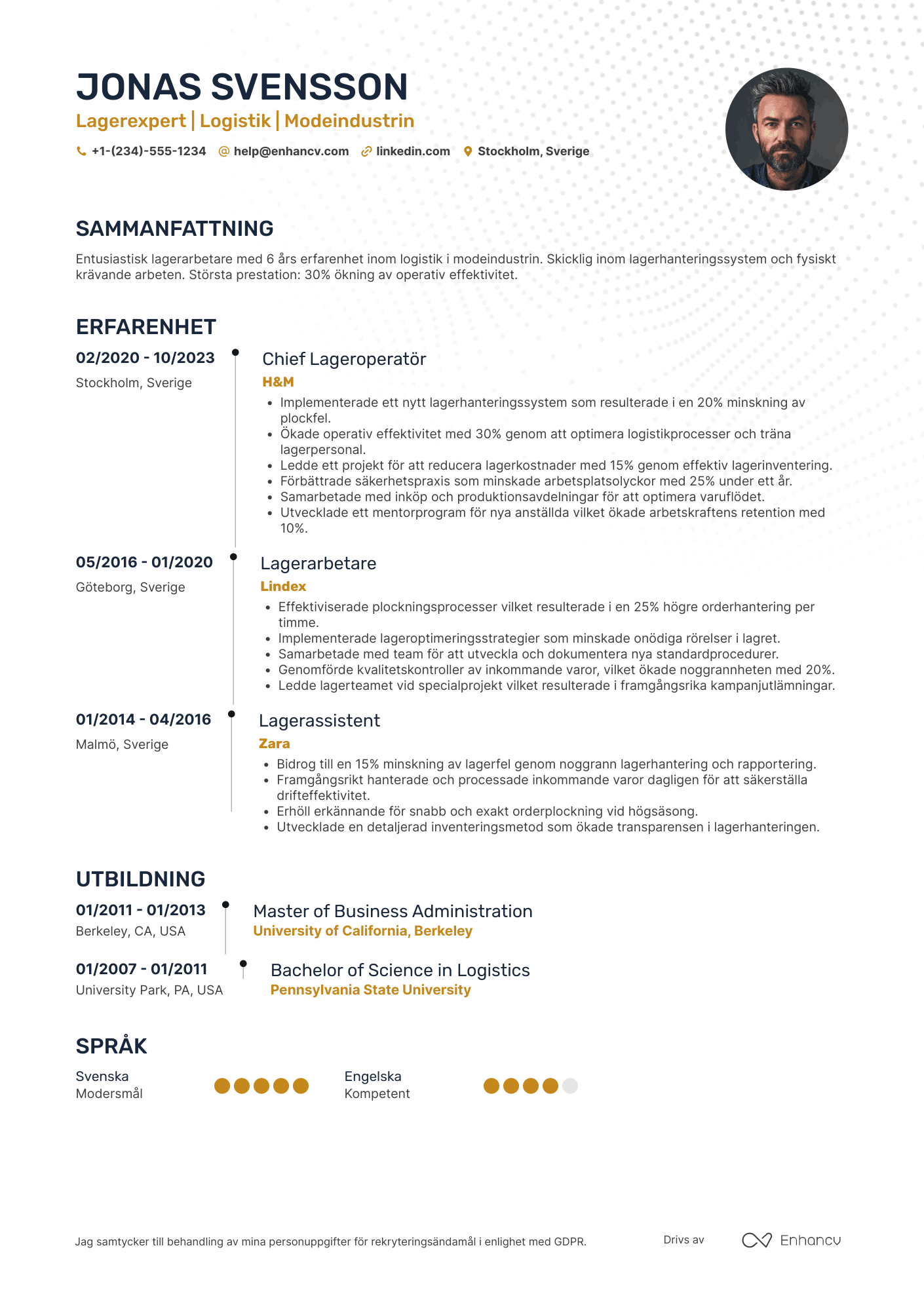 CV för Lagerarbetare klädindustrin Resume Example