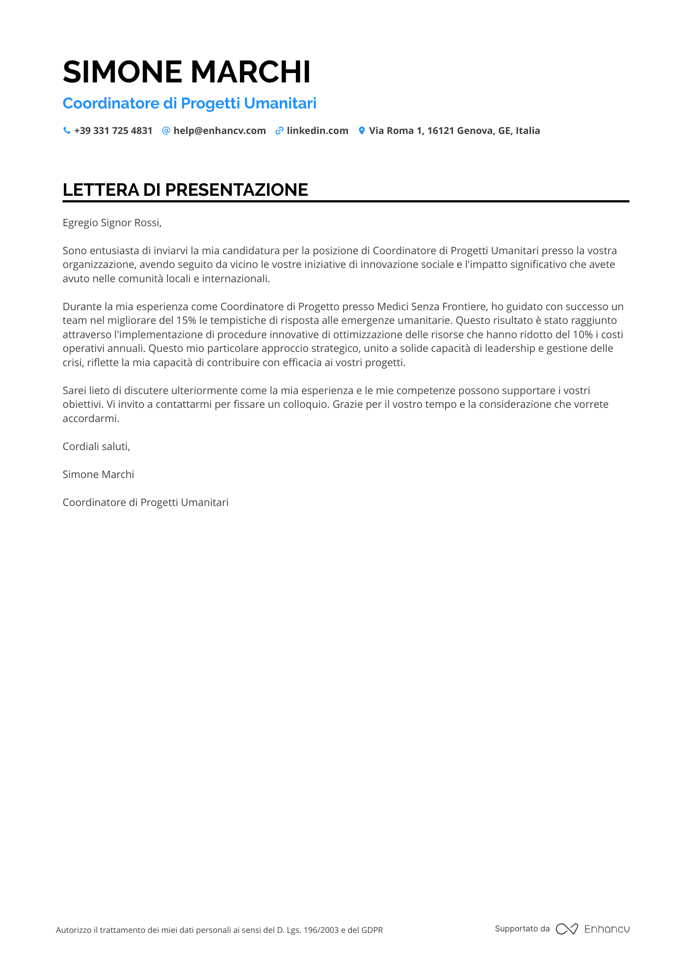Assistente Sociale per l'Immigrazione Resume Example