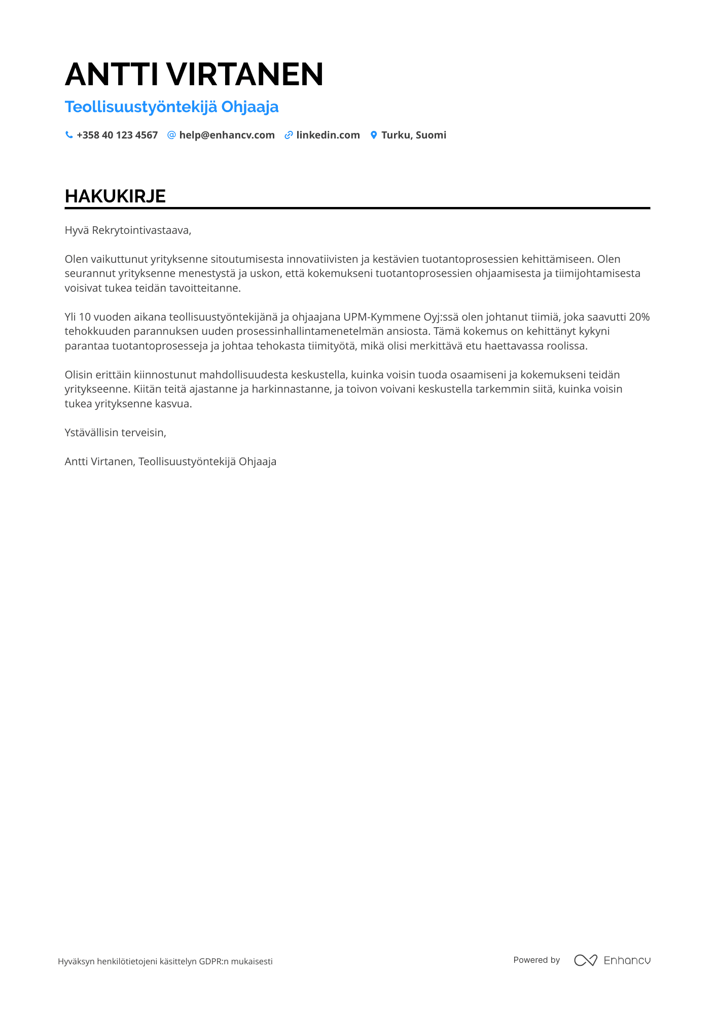 Hakukirje Teollisuustyöntekijä Ohjaaja Resume Example