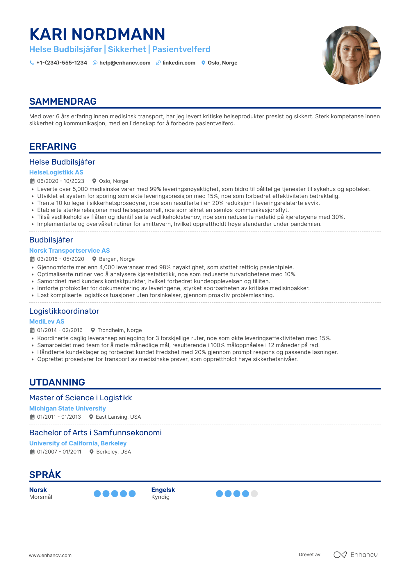 CV for Helse Budbilsjåfør Resume Example