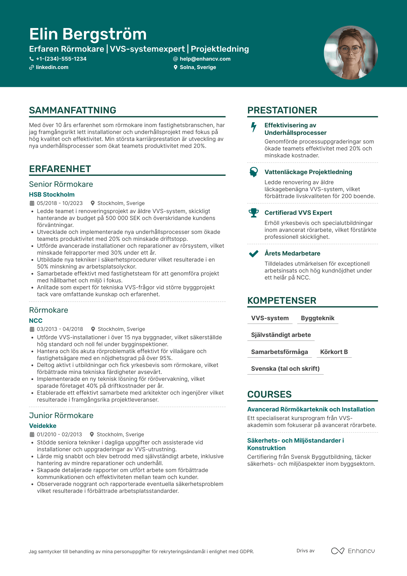 CV för Rörmokare inom Fastighetsbranschen Resume Example