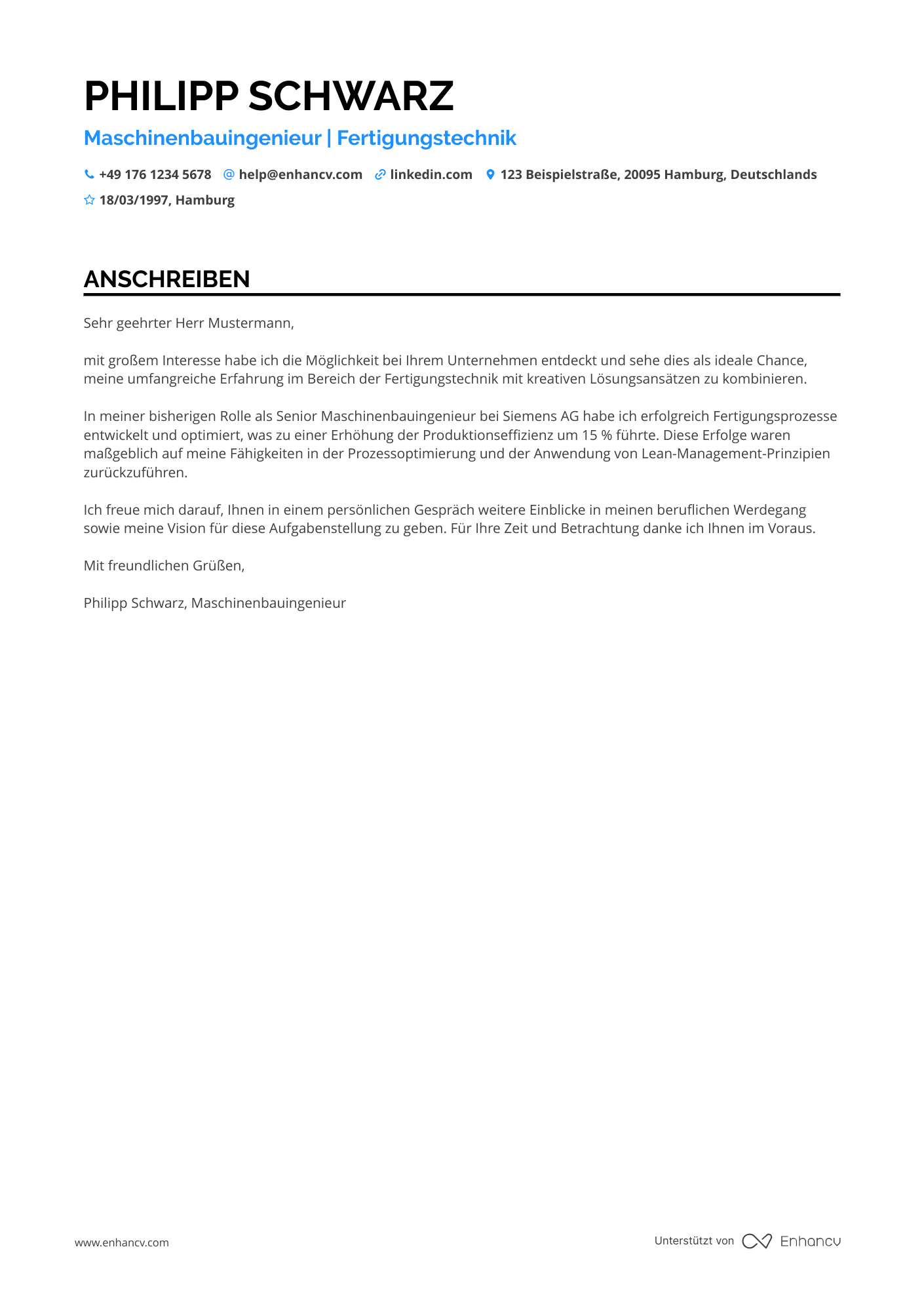 Maschinenbauingenieur für Fertigungstechnik Resume Example