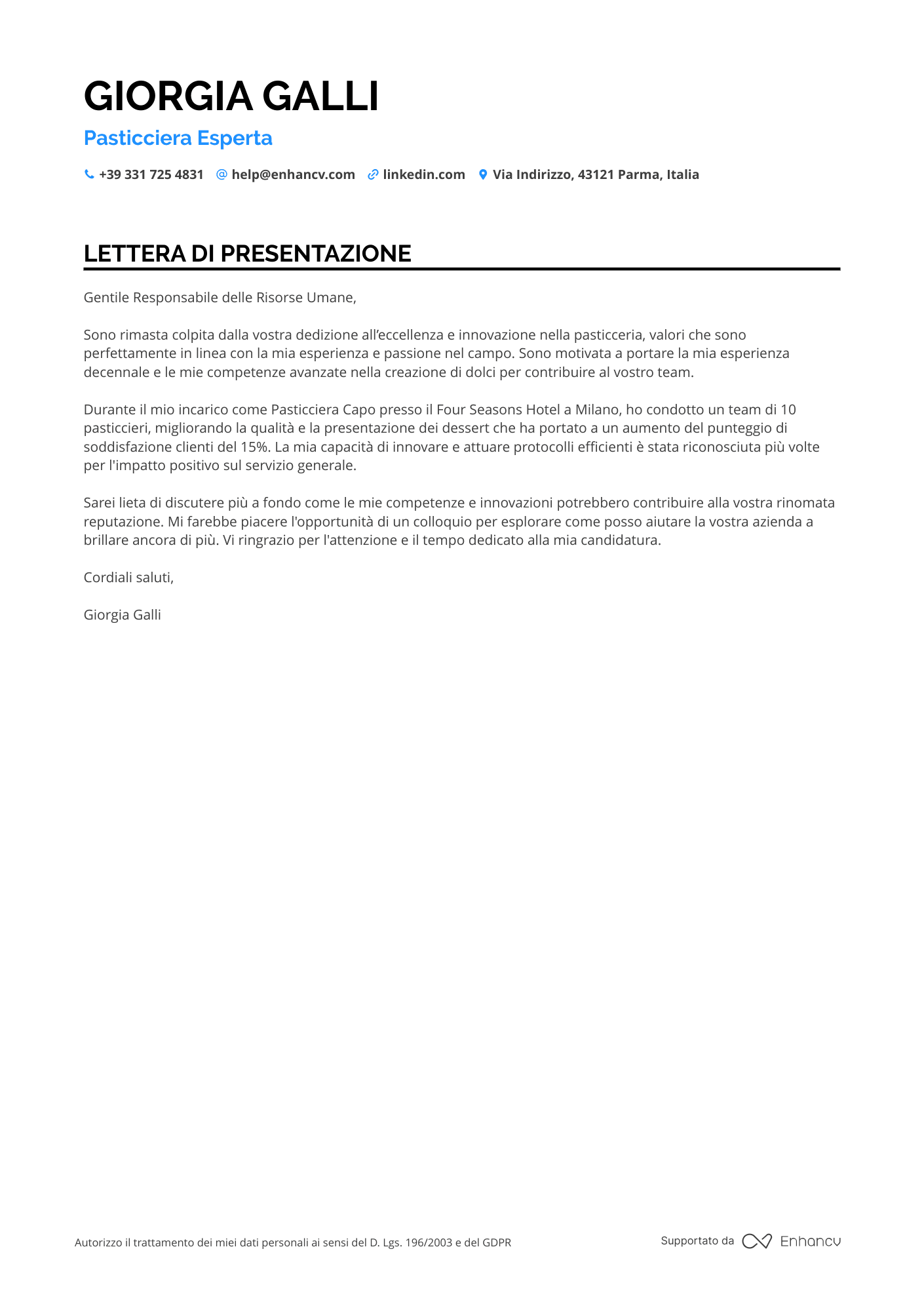Pasticcere per Hotel Resume Example