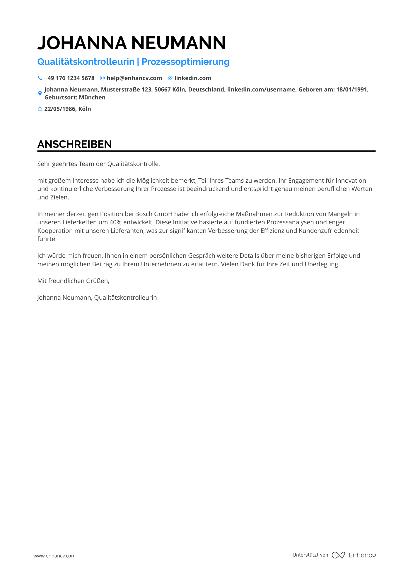 Qualitätskontrolleur für Prozessoptimierung Resume Example