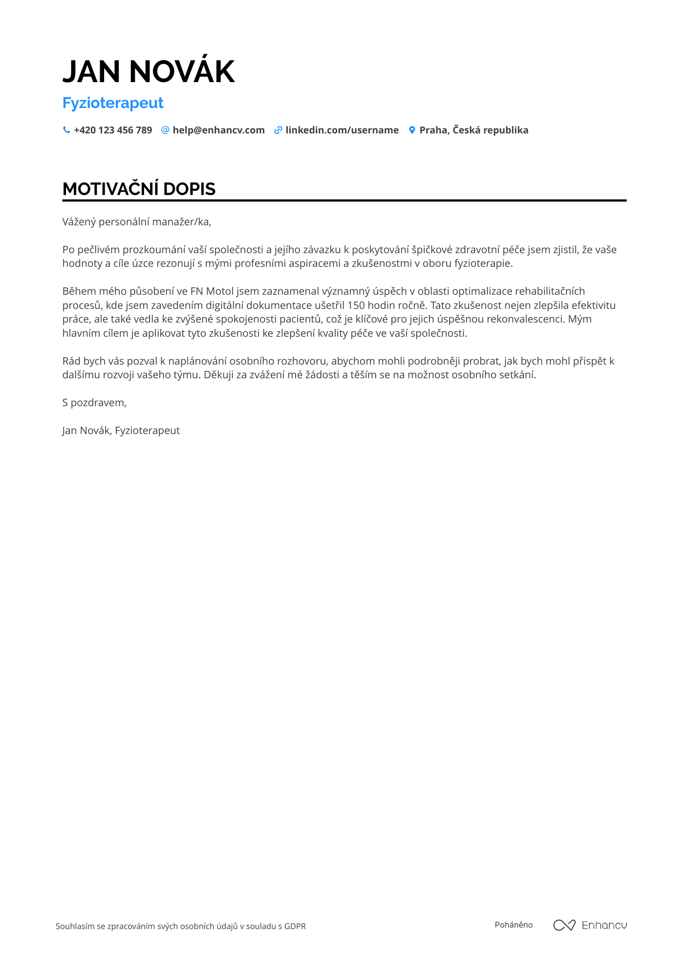 Motivační dopis pro Fyzioterapeut v nemocnici Resume Example