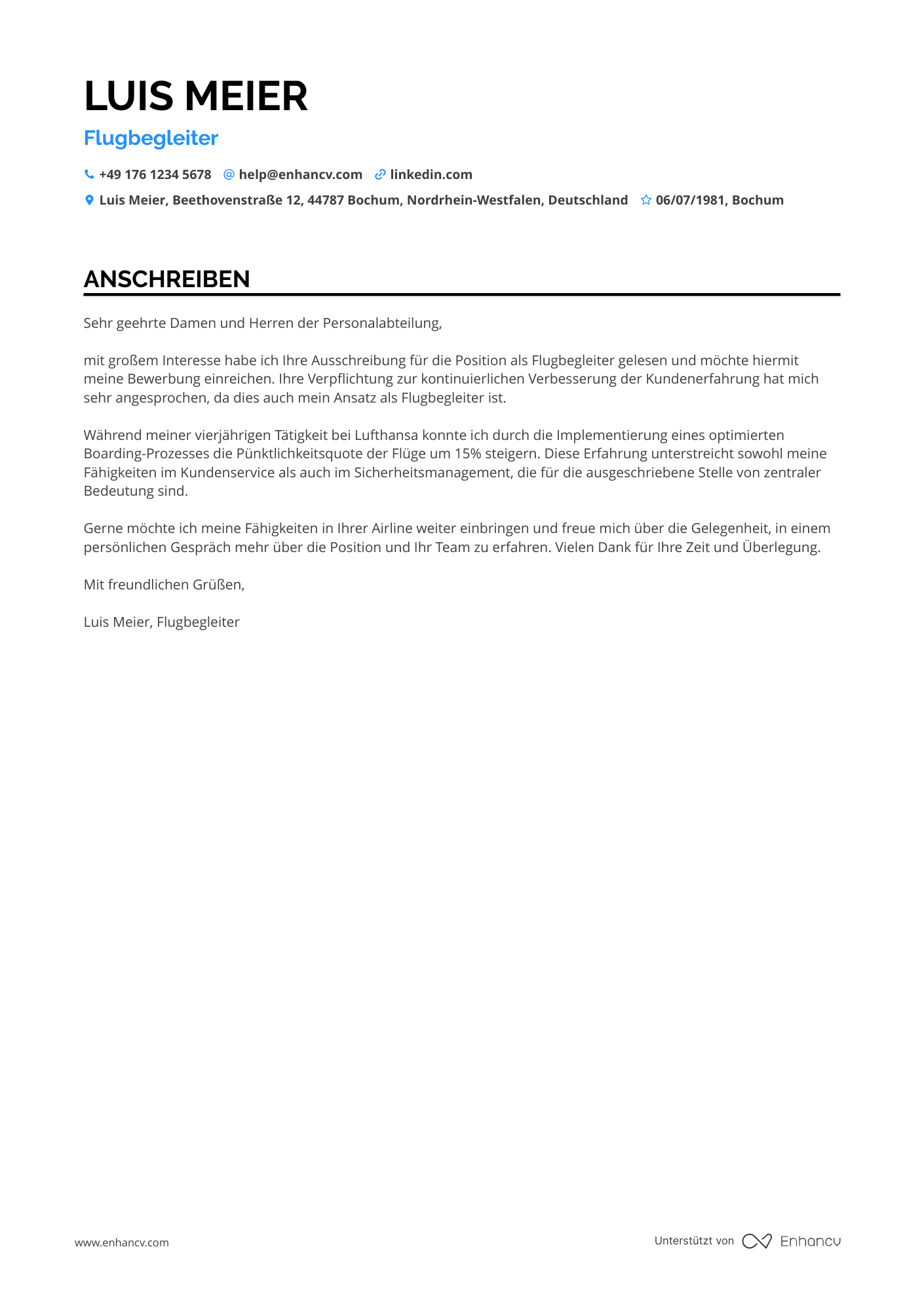 Flugbegleiter für Erstflüge Resume Example