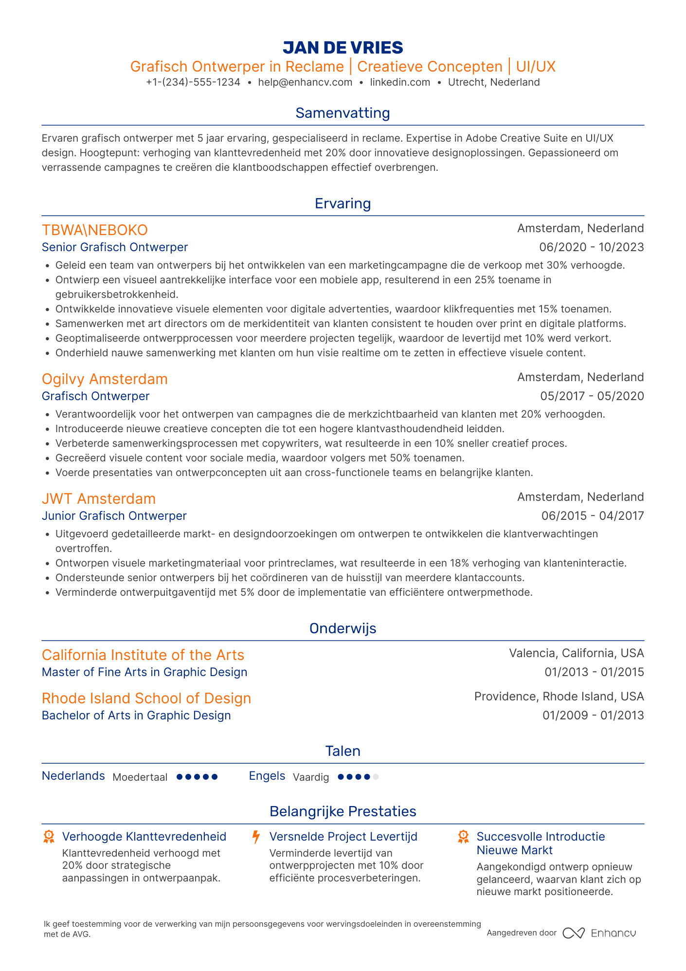 CV voor Grafisch Ontwerper in Reclame Resume Example