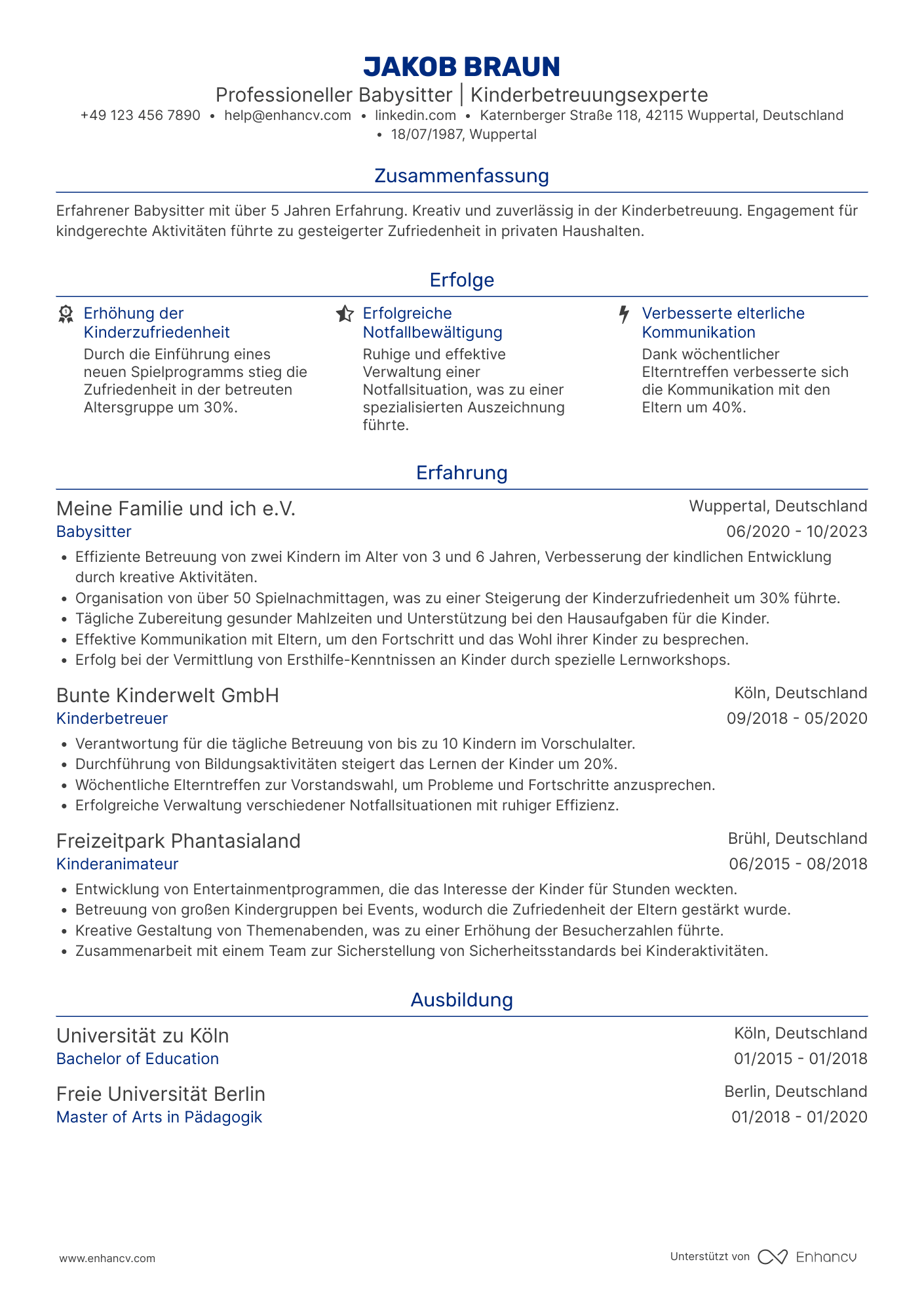 Lebenslauf in Babysitter für Privathaushalte Resume Example