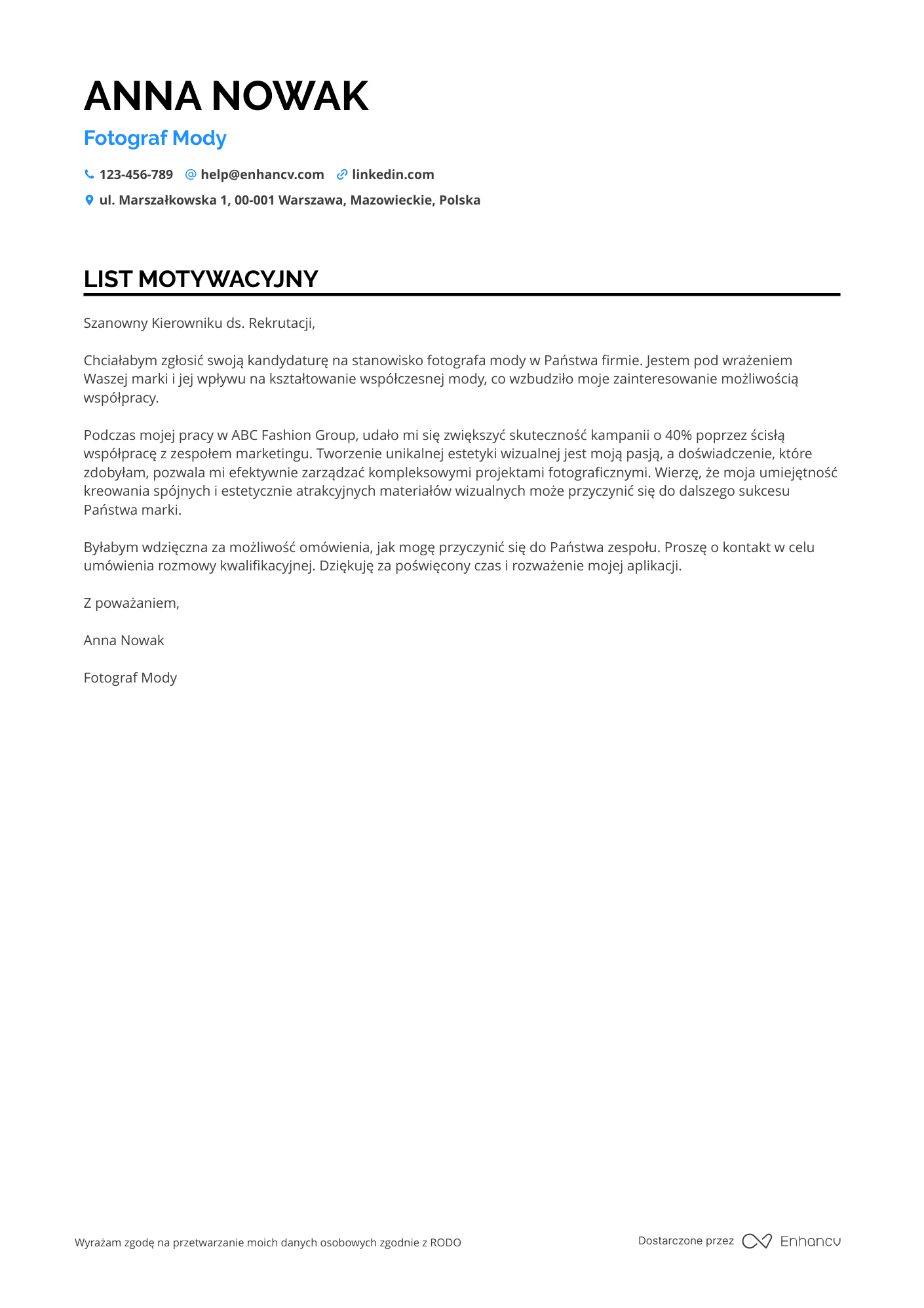 List motywacyjny dla Fotograf mody Resume Example