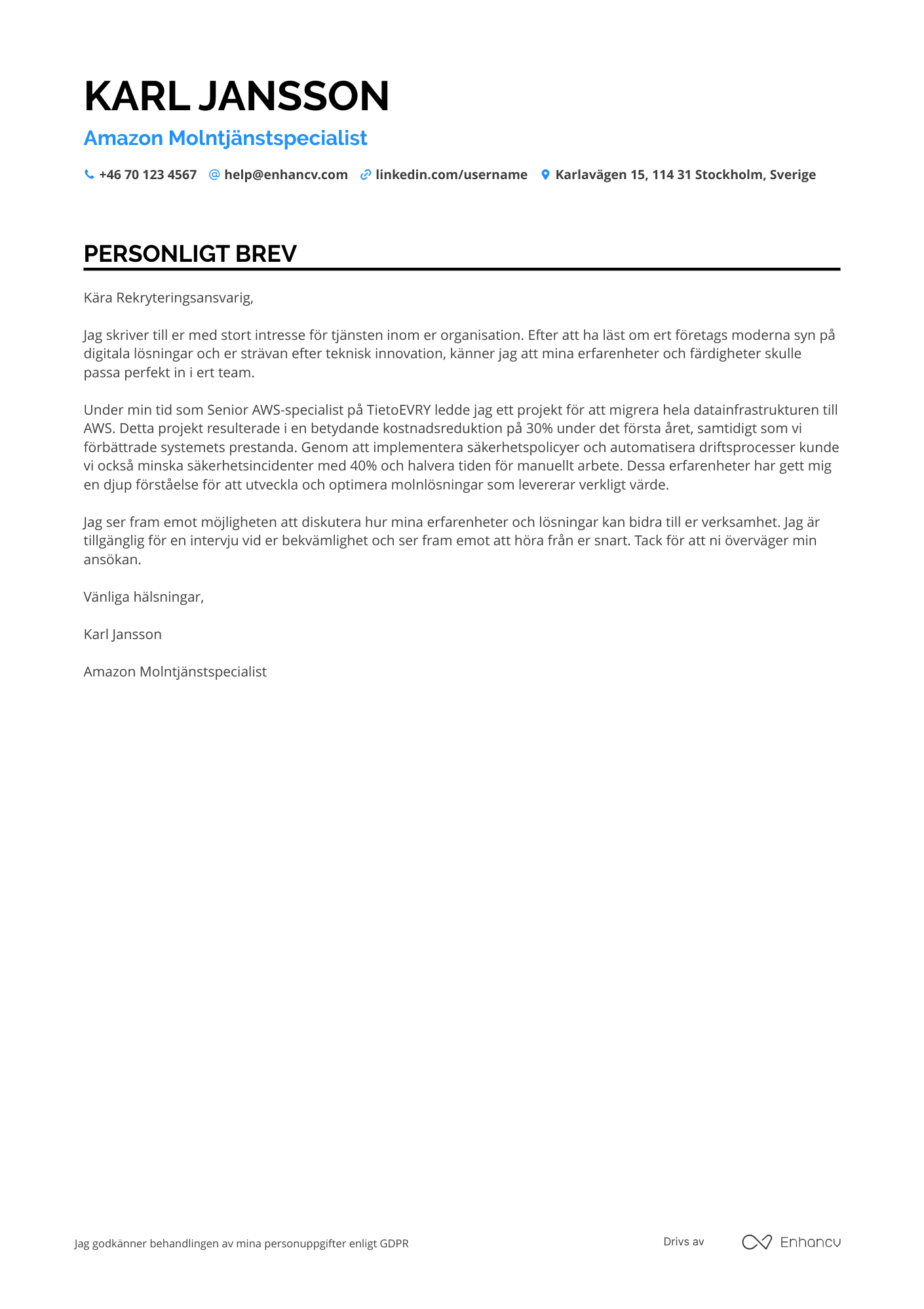 Personligt brev för Amazon Molntjänstspecialist Resume Example