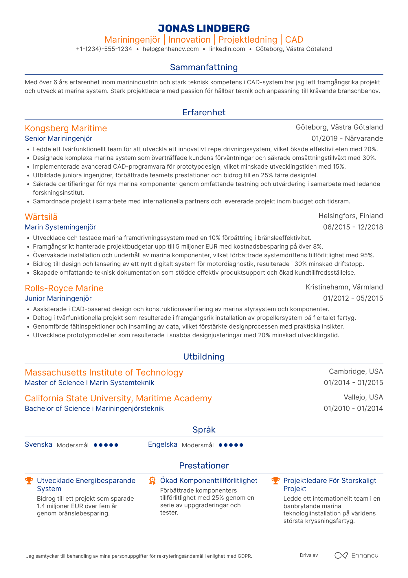 CV för Mariningenjör Resume Example