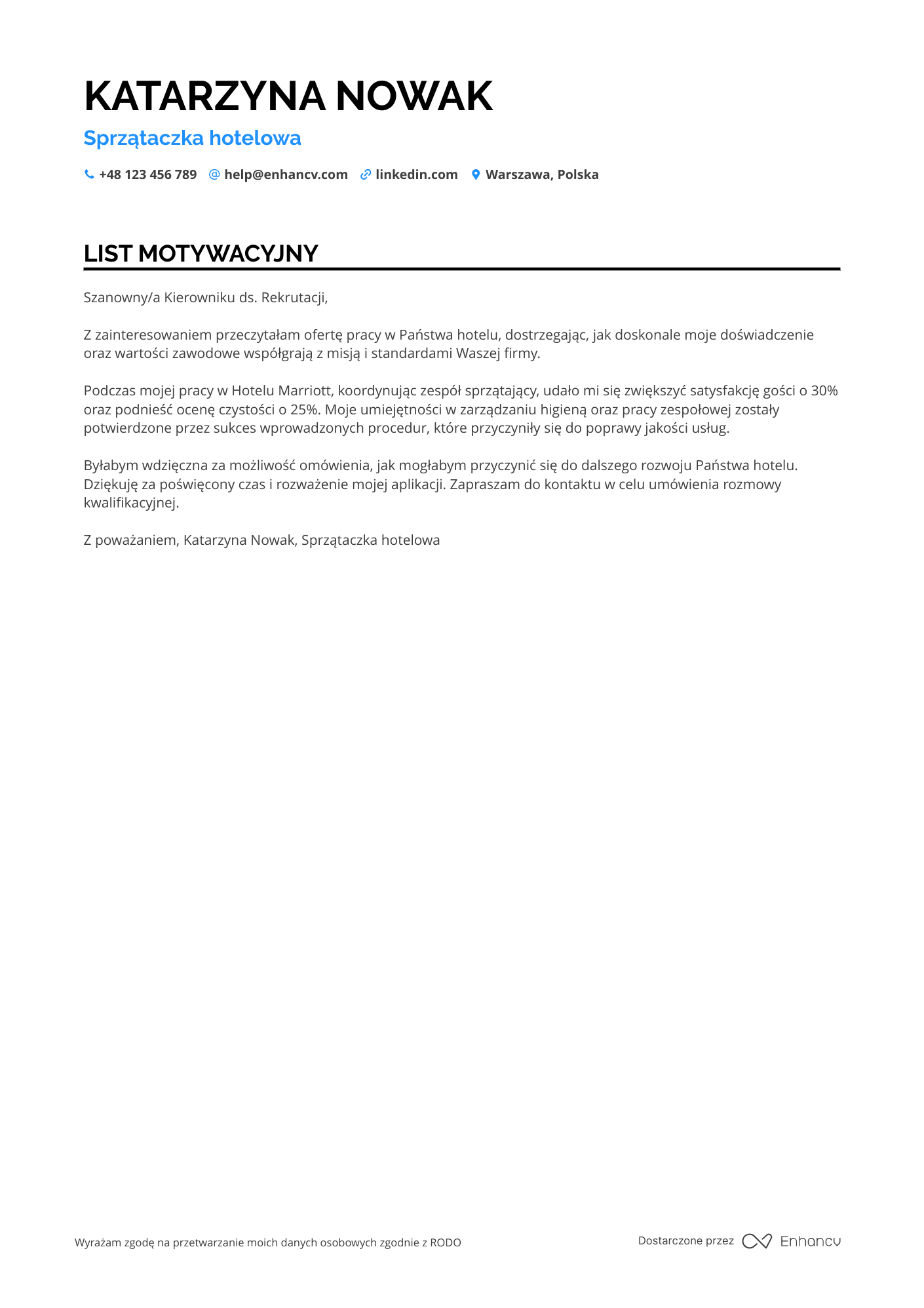 List motywacyjny dla Sprzątaczka hotelowa Resume Example